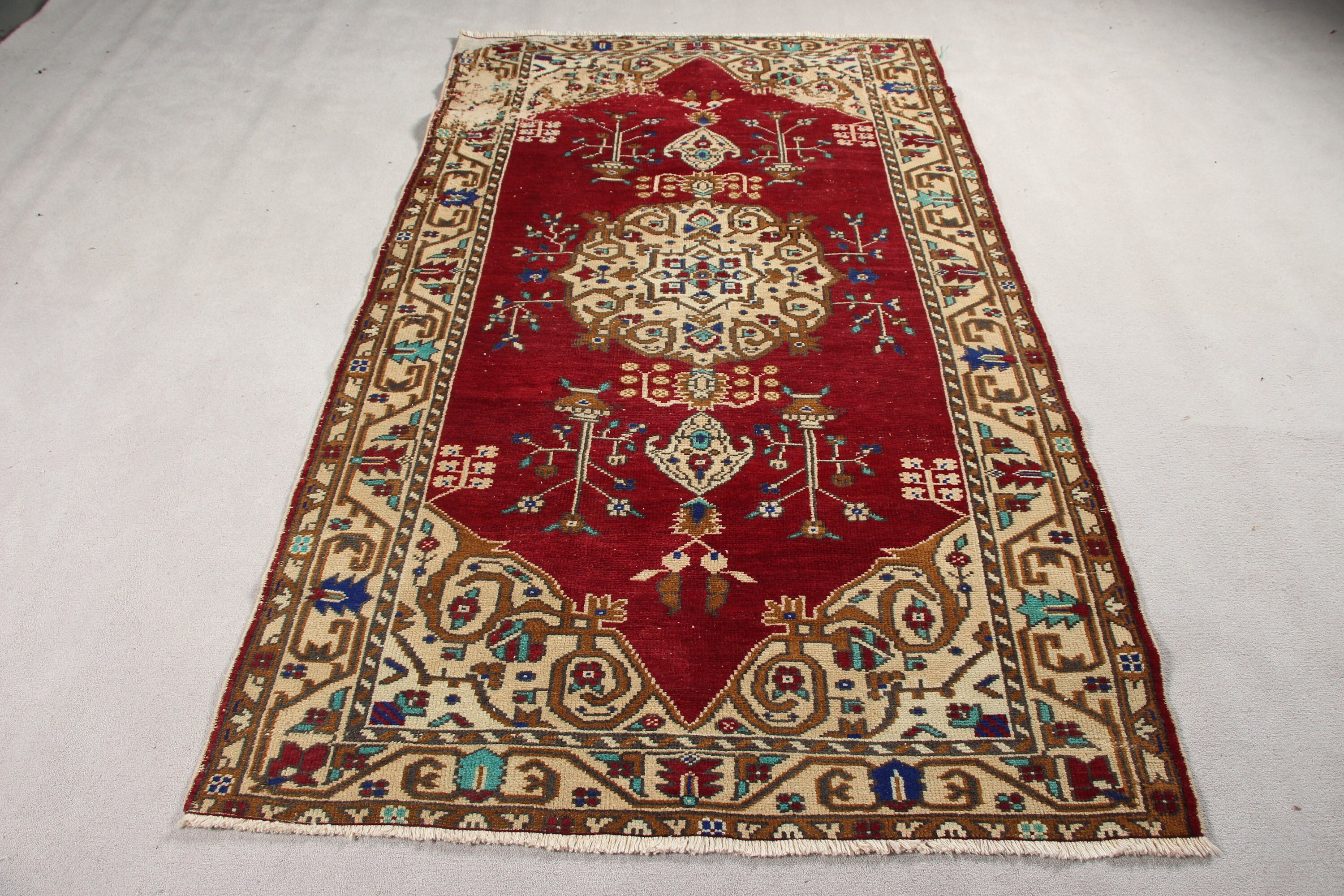 Kırmızı Oryantal Halı, Vintage Halı, Türk Halısı, Yemek Odası Halıları, 4.2x7.5 ft Alan Halıları, Mutfak Halıları, Yer Halısı, Anadolu Halısı, Aztek Halısı