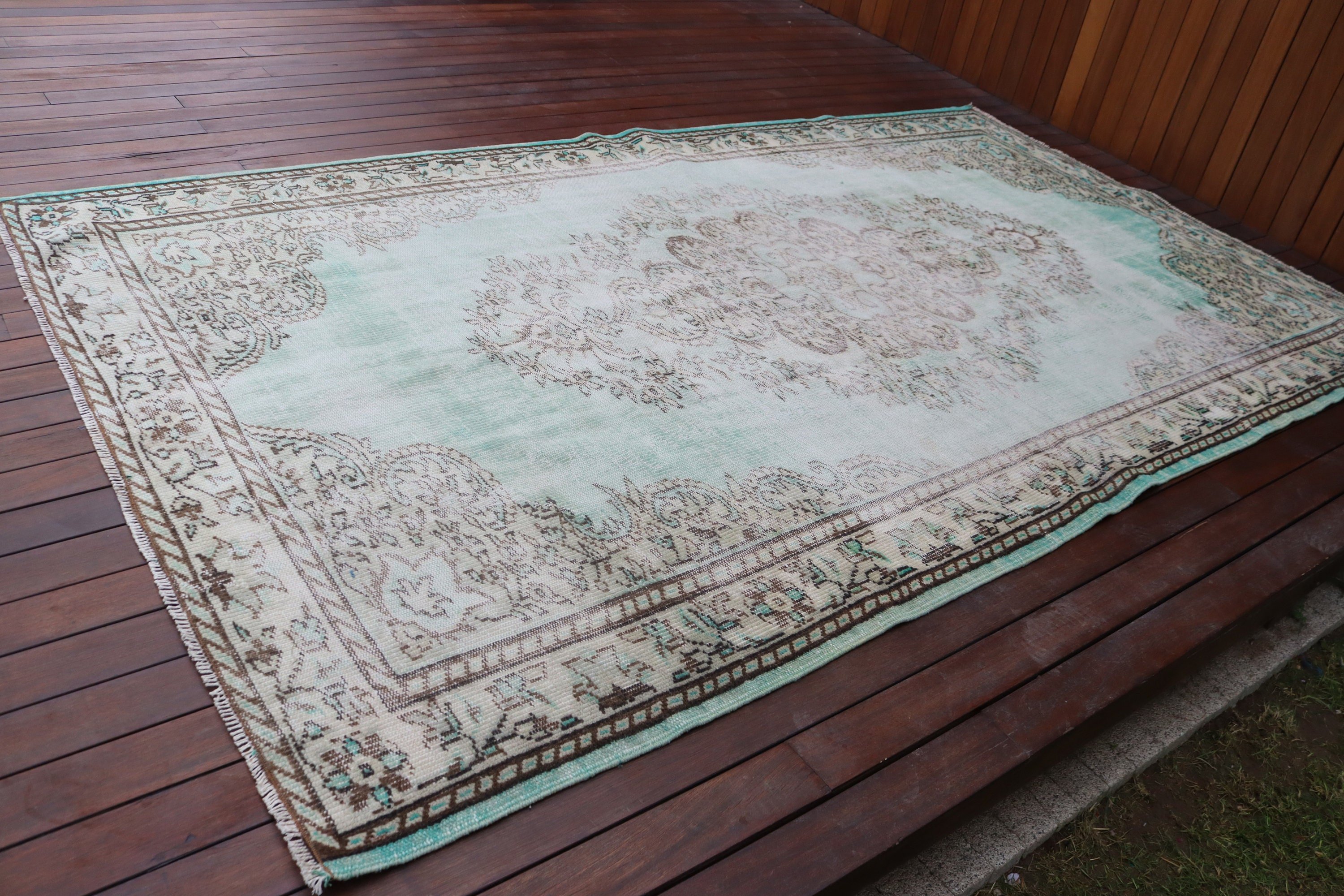 Vintage Halılar, Büyük Boho Halılar, Türk Halısı, Büyük Oushak Halısı, Yeşil Geometrik Halılar, Düz Dokuma Halı, 5,9x10,1 ft Büyük Halı