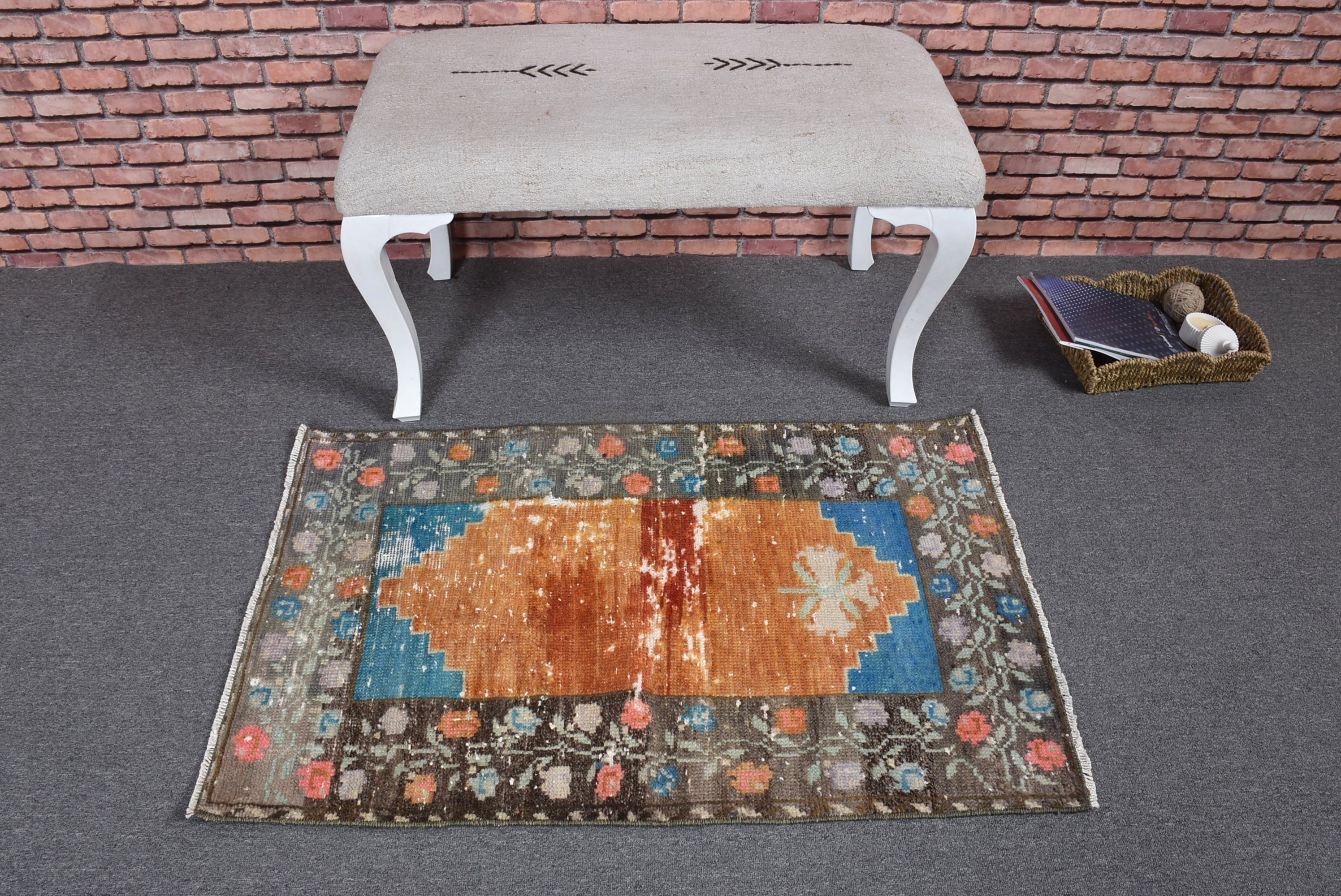 Vintage Halı, 2.3x3.5 ft Küçük Halılar, Ev Dekorasyonu Halısı, Türk Halısı, Geometrik Halılar, Küçük Boho Halıları, Turuncu Lüks Halı, Duvara Asılı Halı