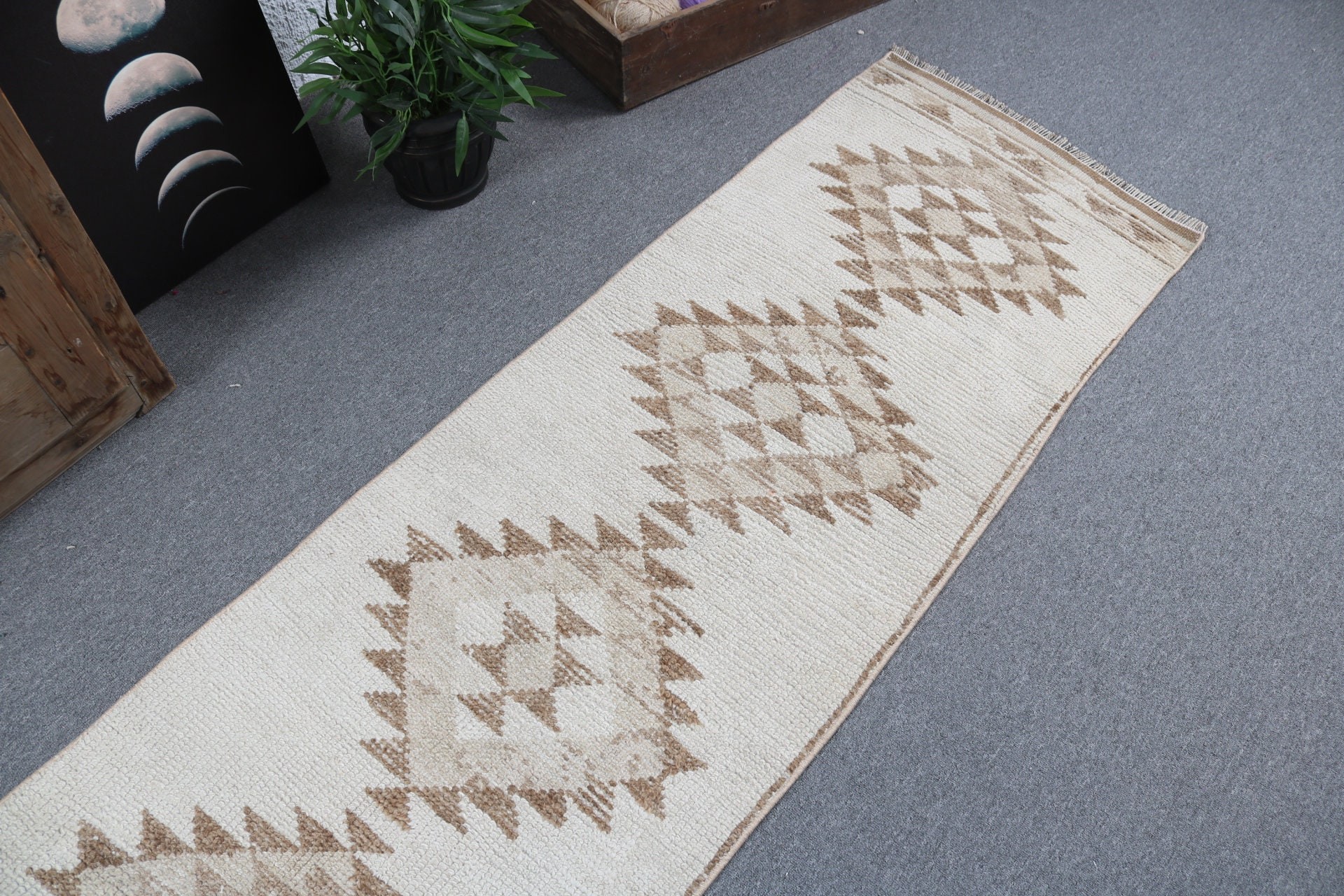 Beni Ourain Runner Rugs, Vintage Rugs, 2.2x10.4 ft Runner Rugs, Moroccan Rug, Turkish Rug, Beige Flatweave Rug, Hallway Rugs