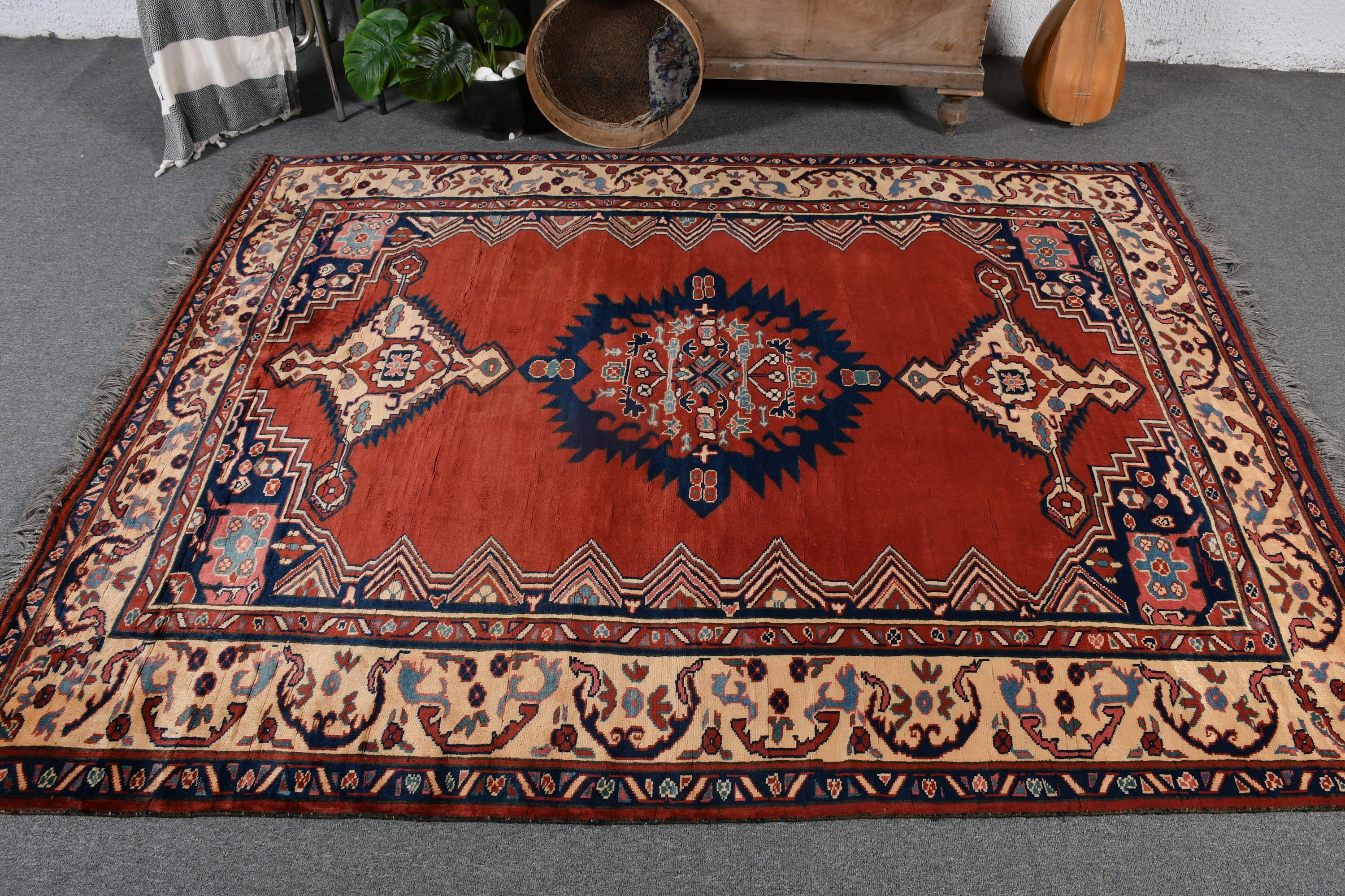 Nursery Rug, Dining Room Rug, Red Floor Rug, 5.4x6.9 ft Area Rugs, Vintage Rugs, Turkish Rug, Rugs for Bedroom, Kitchen Rug, Oushak Rugs