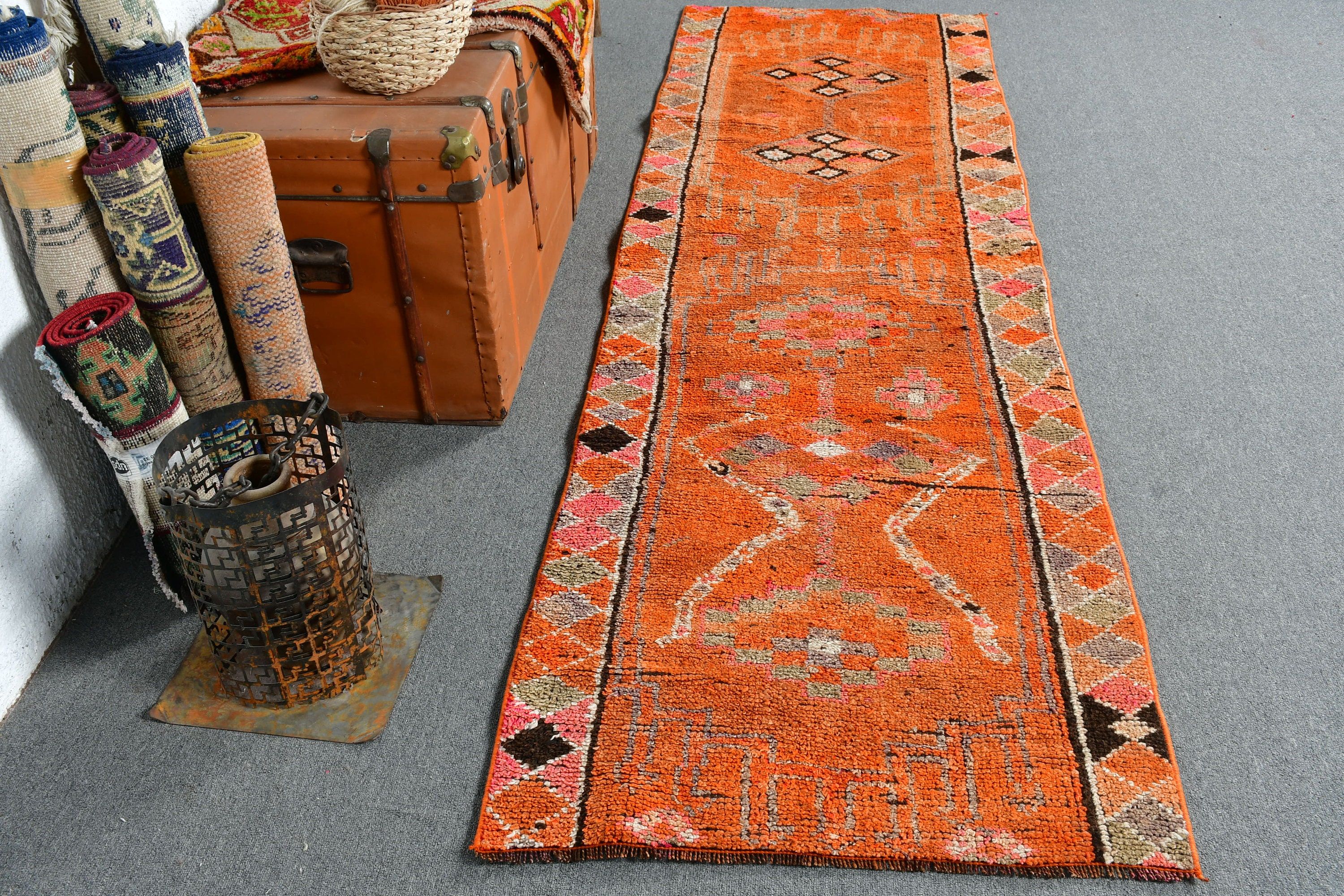 2.6x8.8 ft Runner Rug, Turkish Rug, Bedroom Rug, Oushak Rug, Rugs for Hallway, Orange Oushak Rugs, Vintage Rug, Pale Rugs, Stair Rug