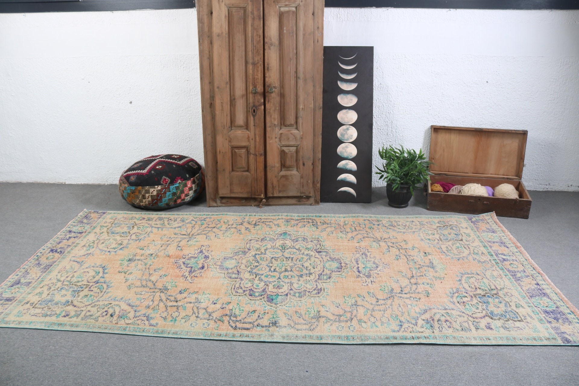 Ev Dekorasyonu Halıları, Mutfak Halısı, Yemek Odası Halıları, Vintage Halı, Büyük Oushak Halıları, 4,8x10,1 ft Büyük Halı, Türk Halıları, Yeşil Lüks Halılar