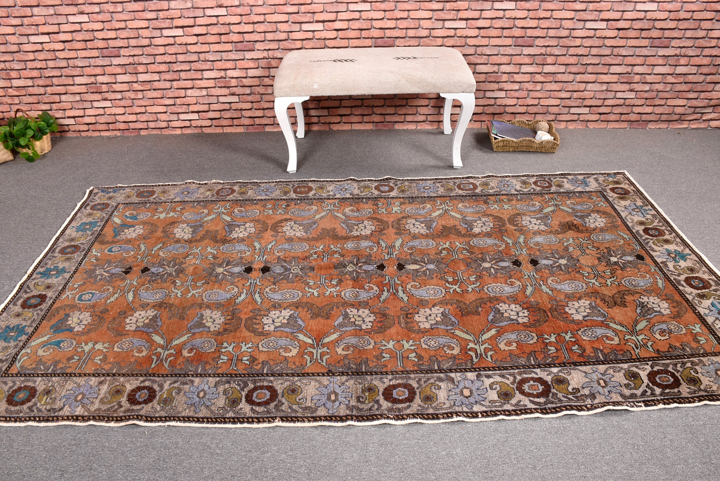 Modern Halılar, Vintage Halı, Yatak Odası Halıları, Yer Halısı, Büyük Vintage Halılar, Turuncu Yatak Odası Halısı, 4.6x8.7 ft Büyük Halı, Türk Halıları