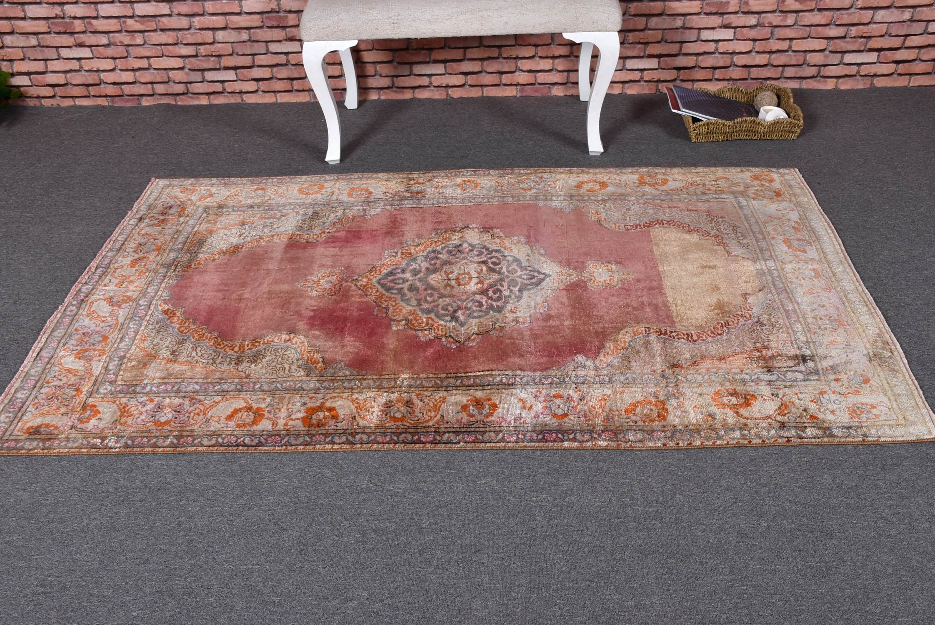 Yün Halı, Oturma Odası Halıları, Oushak Bölge Halısı, Vintage Halı, Bej Antika Halı, 3,8x6,4 ft Alan Halıları, Türkiye Halısı, Anadolu Halıları, Türk Halısı