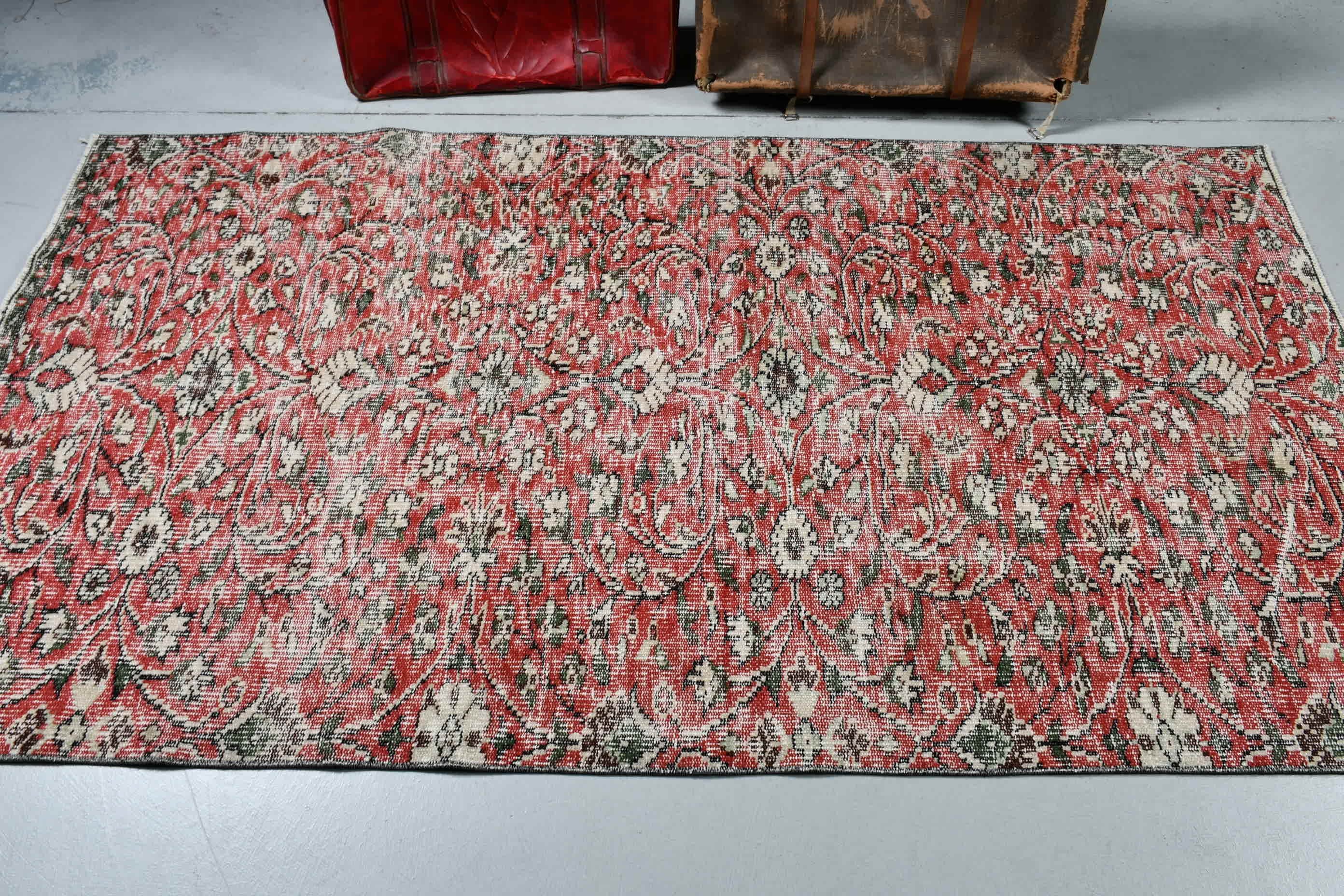 Türk Halısı, 4x7,1 ft Alan Kilimi, Yemek Odası Halısı, Vintage Halı, Kırmızı Yün Halı, Oturma Odası Halısı, Alan Halıları, Fas Halısı