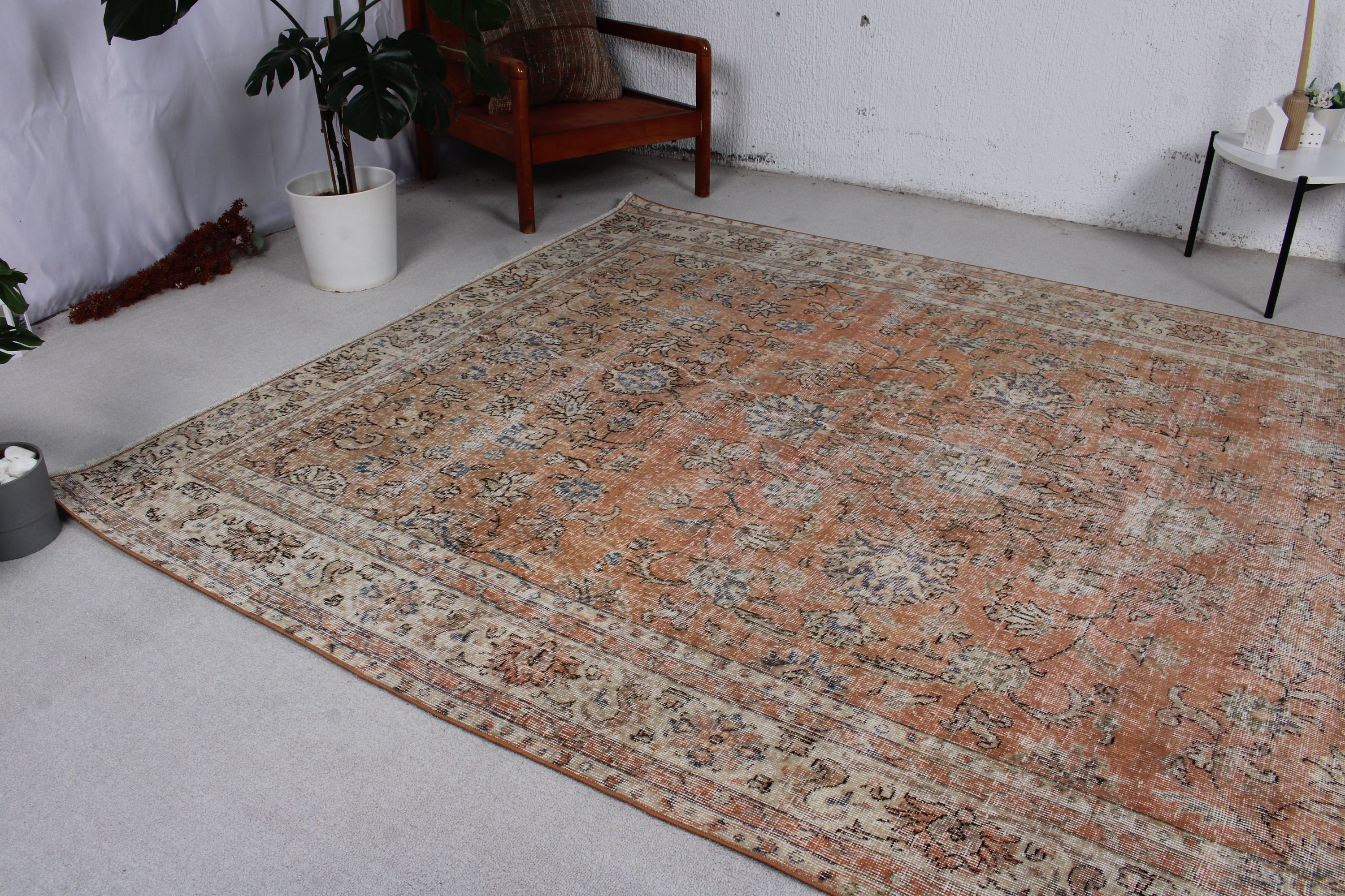 Açıklama Halısı, Büyük Oushak Halıları, Fas Halıları, Oturma Odası Halıları, Türk Halısı, Bej Düz Dokuma Halıları, 6,9x10,1 ft Büyük Halı, Vintage Halılar