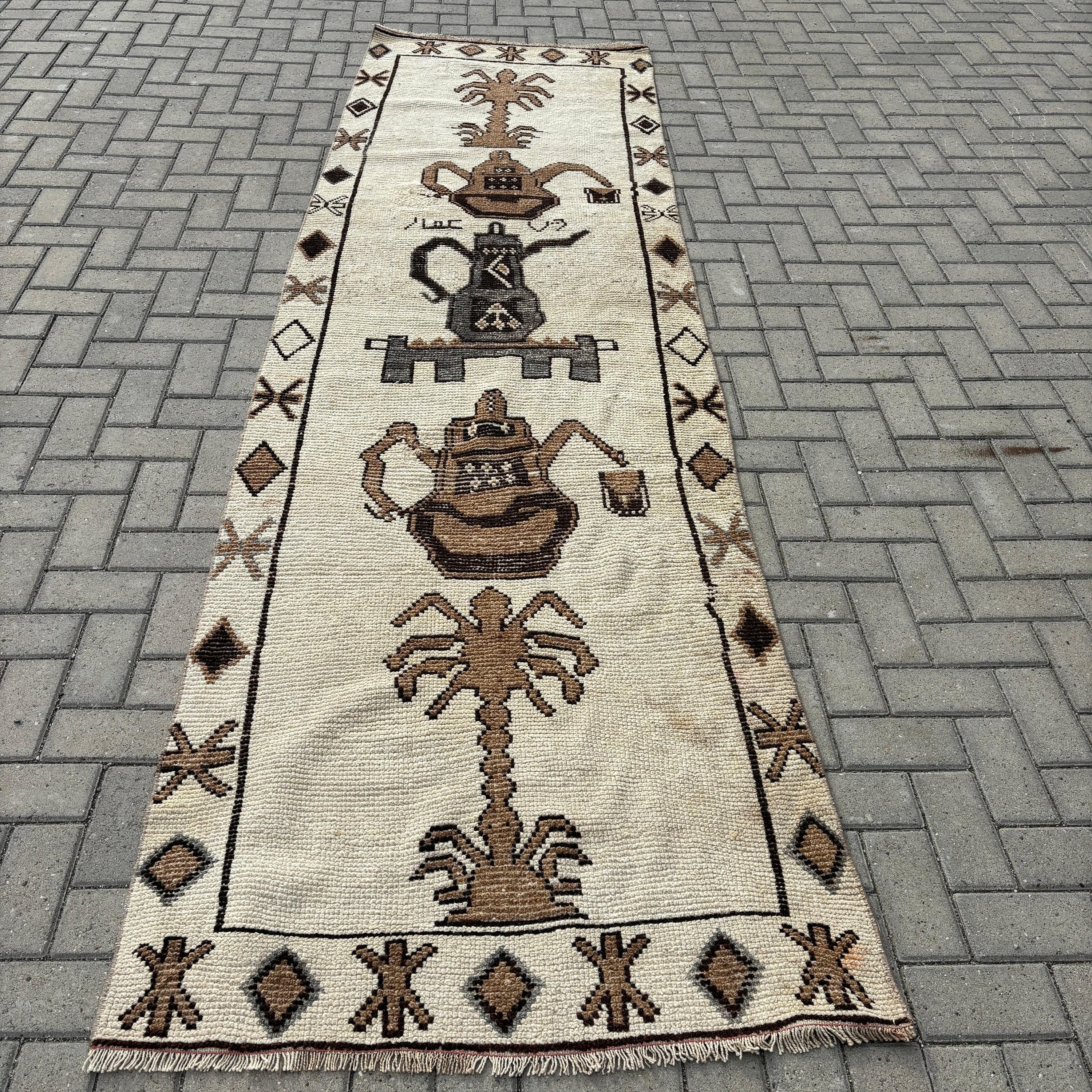 Lüks Halılar, Vintage Halı, Bej Nötr Halılar, 3.2x11.2 ft Runner Halıları, Vintage Runner Halısı, Bildiri Halısı, Türk Halıları, Uzun Yolluk Halıları