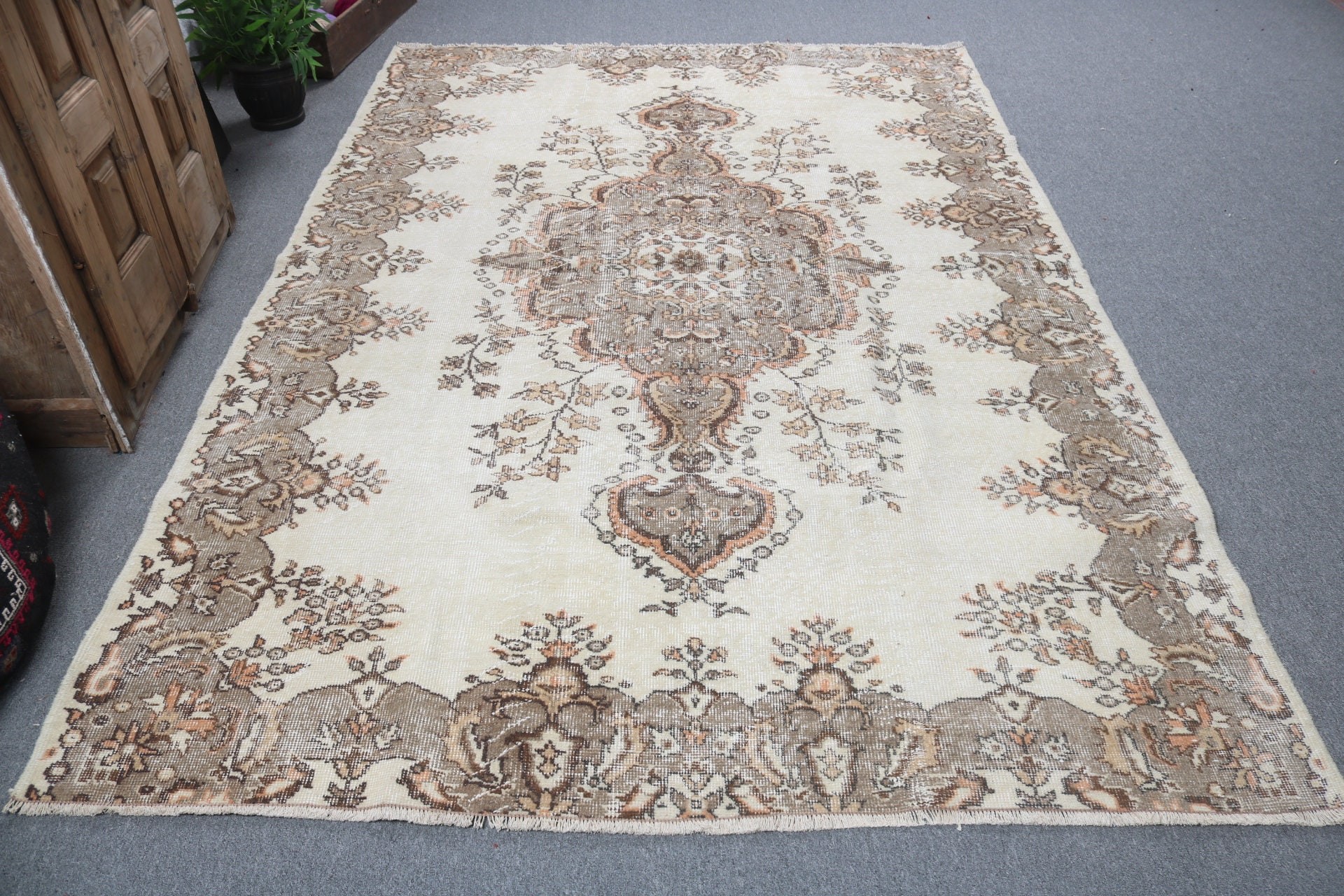 Yatak Odası Halıları, Egzotik Halı, Türk Halısı, Salon Halısı, Bej Boho Halısı, Oryantal Halılar, 6.1x8 ft Büyük Halı, Büyük Oushak Halısı, Vintage Halı