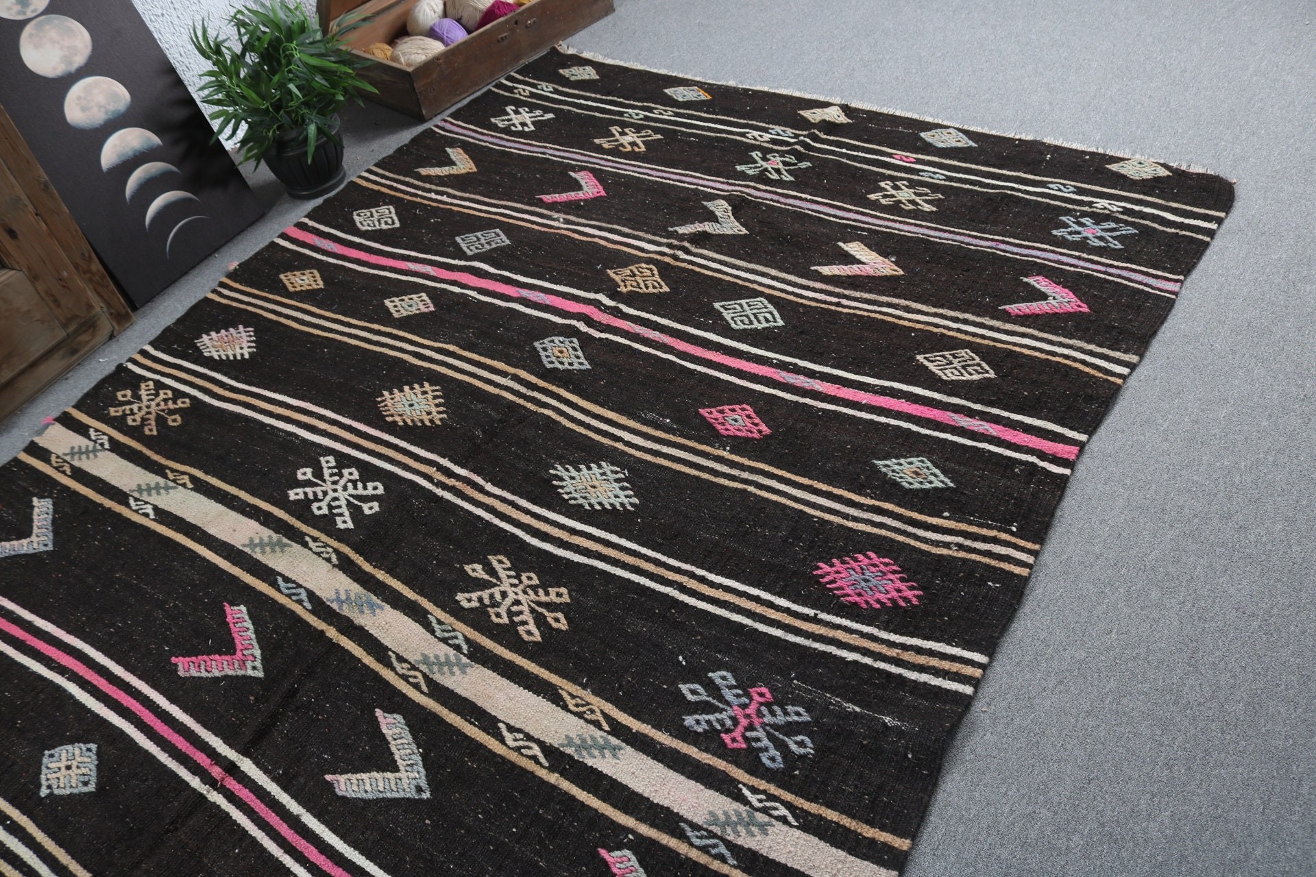 Siyah Fas Halıları, Büyük Boho Halısı, Lüks Halı, Türk Halıları, 5.9x10.8 ft Büyük Halı, Oryantal Halılar, Vintage Halı, Oturma Odası Halısı, Kilim