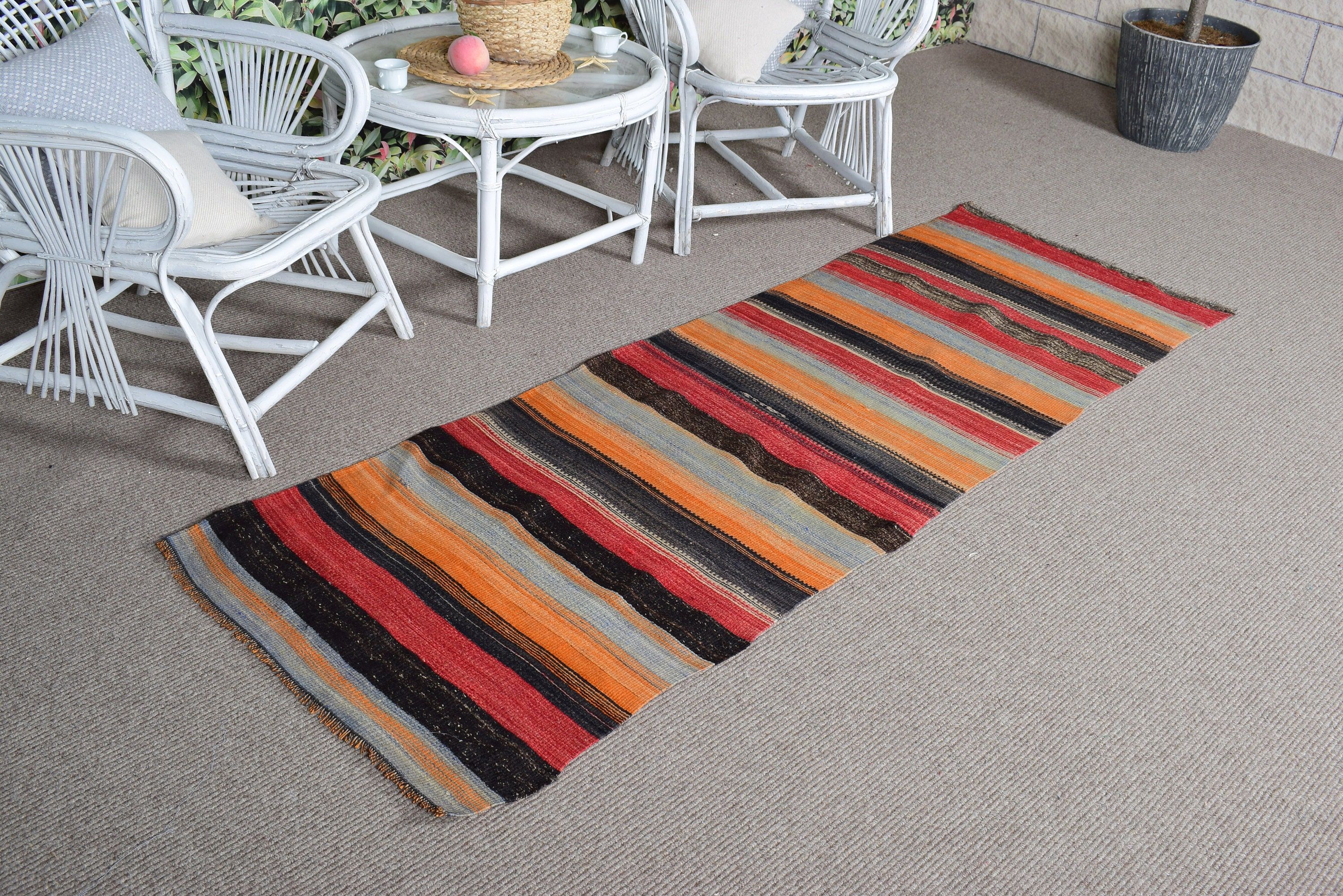 Turkish Rugs, Orange Boho Rugs, 2.4x7.3 ft Runner Rugs, Wool Rugs, Kitchen Rug, Vintage Rug, Kilim, Long Runner Rug