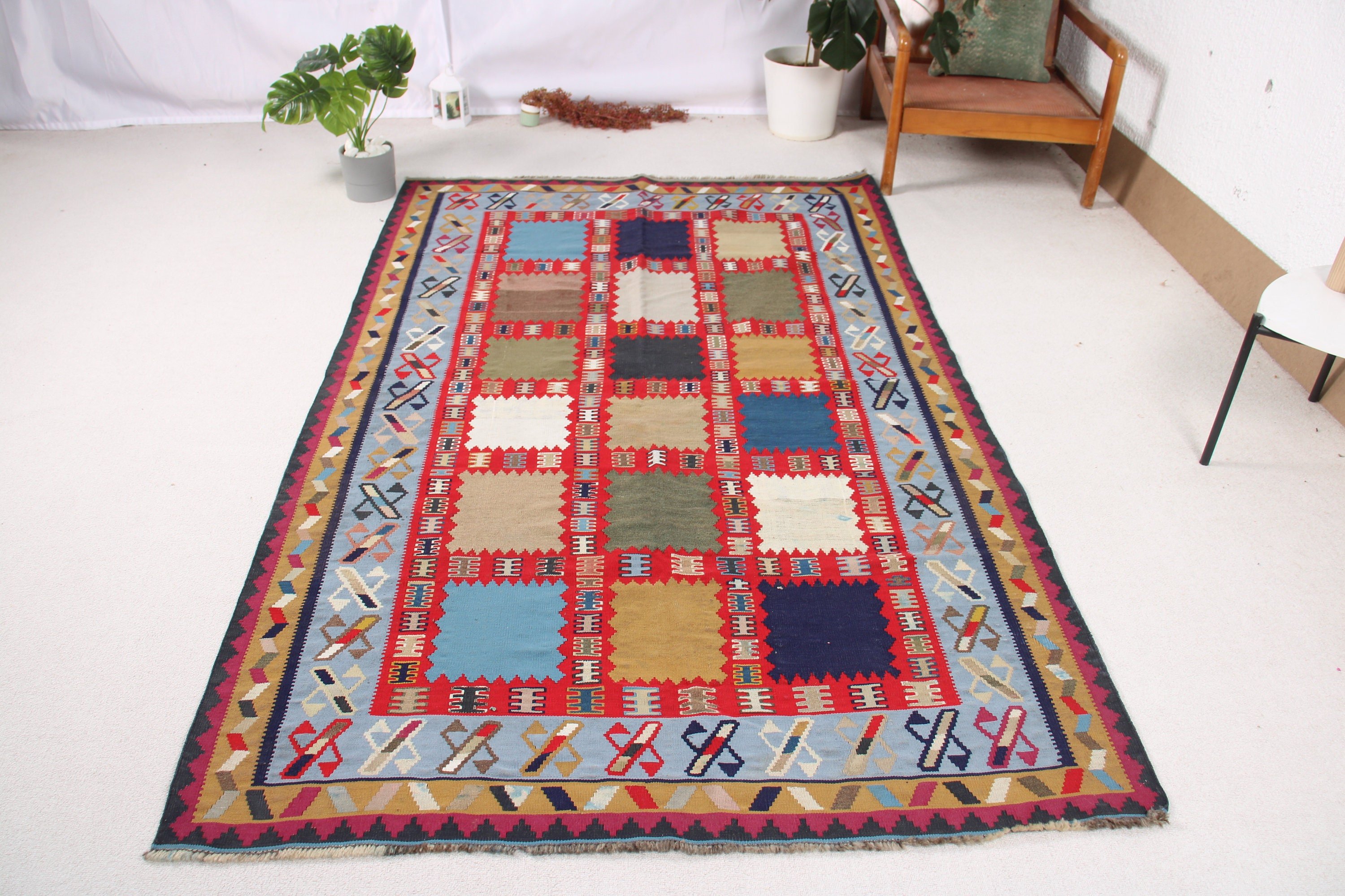 Yer Halısı, Soğuk Halı, Yemek Odası Halısı, Vintage Halılar, Mavi Oushak Halısı, Türk Halıları, Oushak Bölge Halısı, Kilim, Boho Halıları, 4,8x7,8 ft Alan Halısı