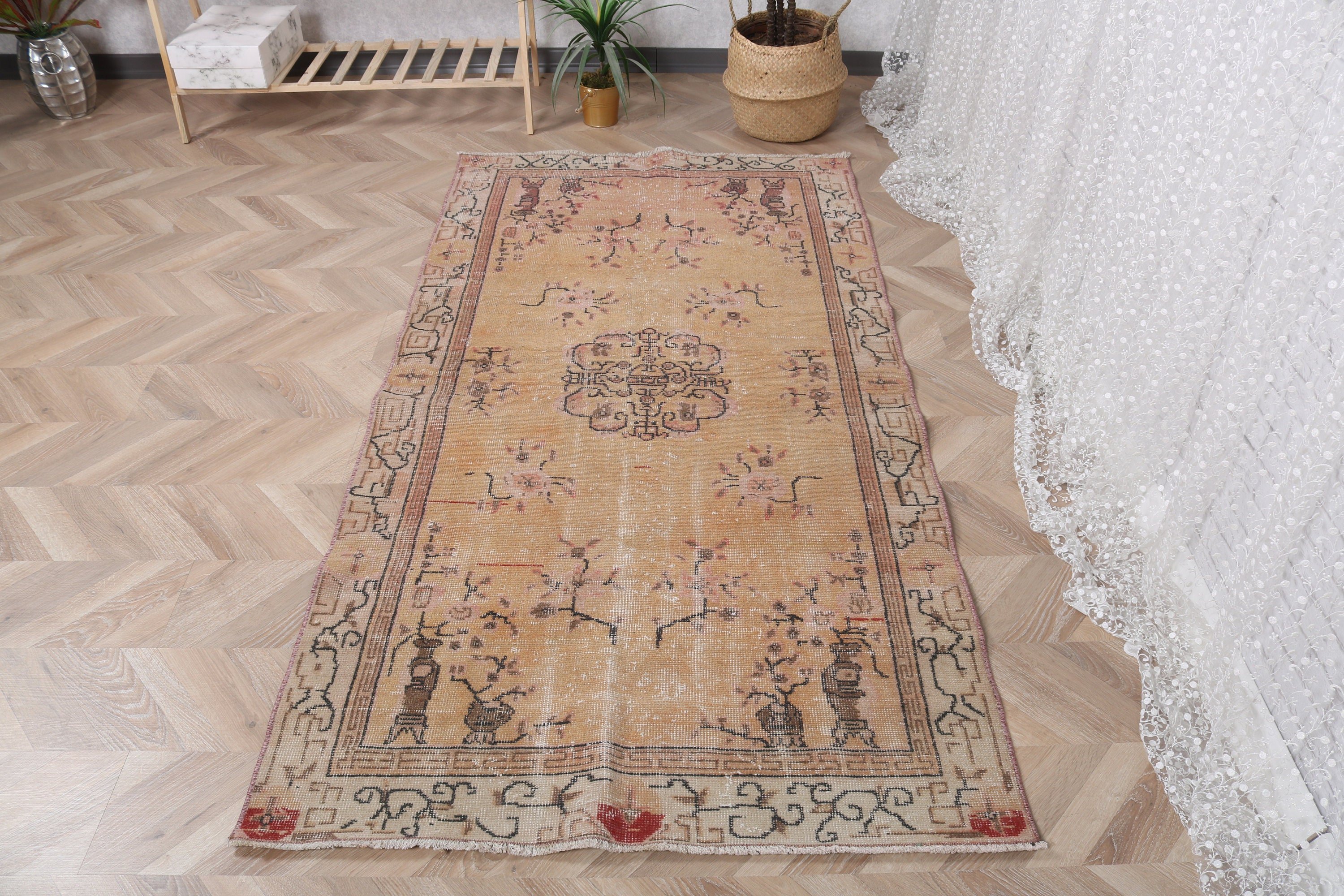 Giriş Halısı, Vintage Vurgulu Halılar, Vintage Halılar, Boho Halı, 3,5x6,8 ft Aksanlı Halılar, Türk Halıları, Sarı Geometrik Halılar