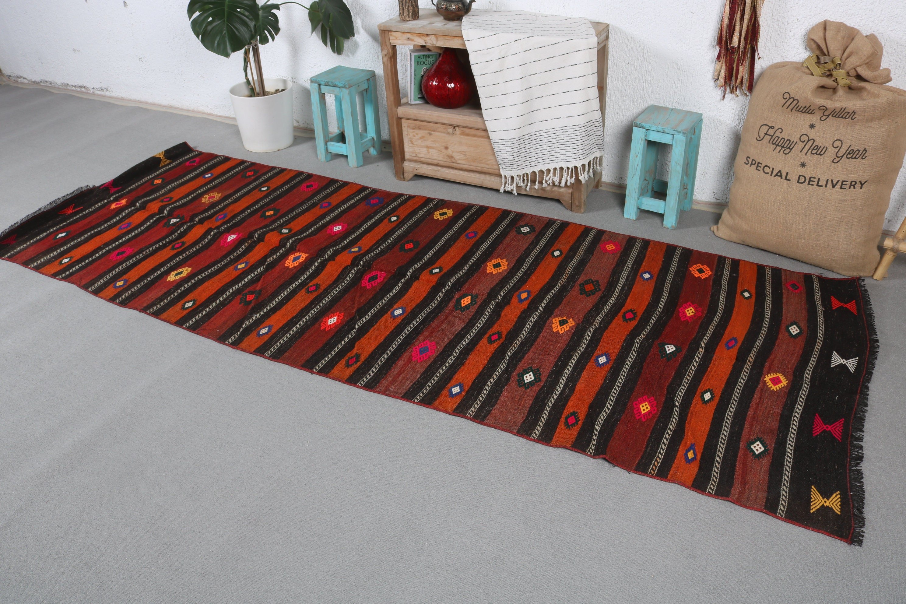 3.4x9.5 ft Runner Halıları, Kilim, Vintage Halı, Mutfak Halıları, Yer Halısı, Mutfak Halıları, Türk Halıları, Oushak Halıları, Turuncu Yer Halıları