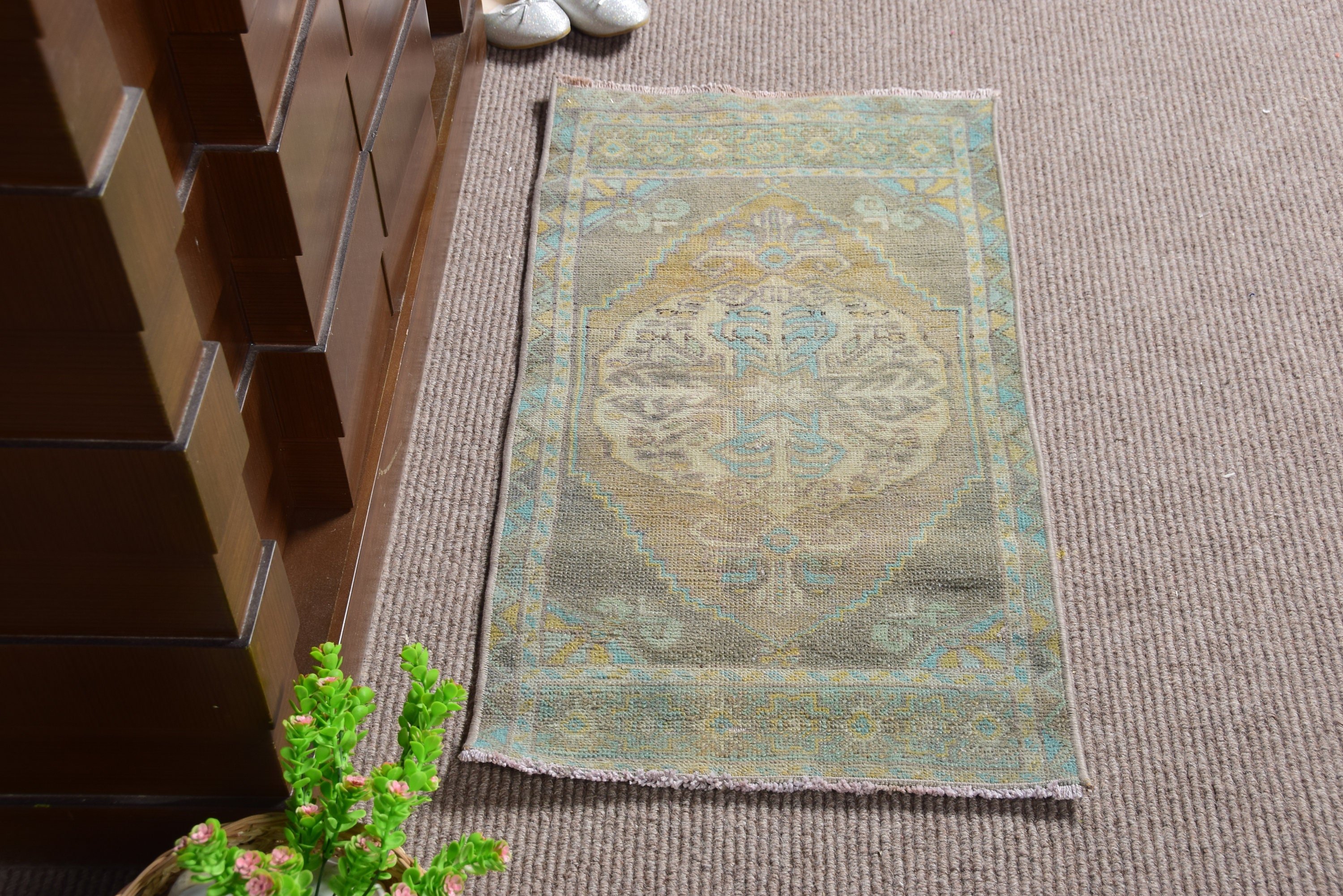 Araba Paspas Halısı, Yatak Odası Halısı, Vintage Halılar, Oushak Halısı, Ev Dekorasyonu Halısı, Yeşil Oushak Halıları, Giriş Halıları, Türk Halısı, 1.5x2.7 ft Küçük Halılar