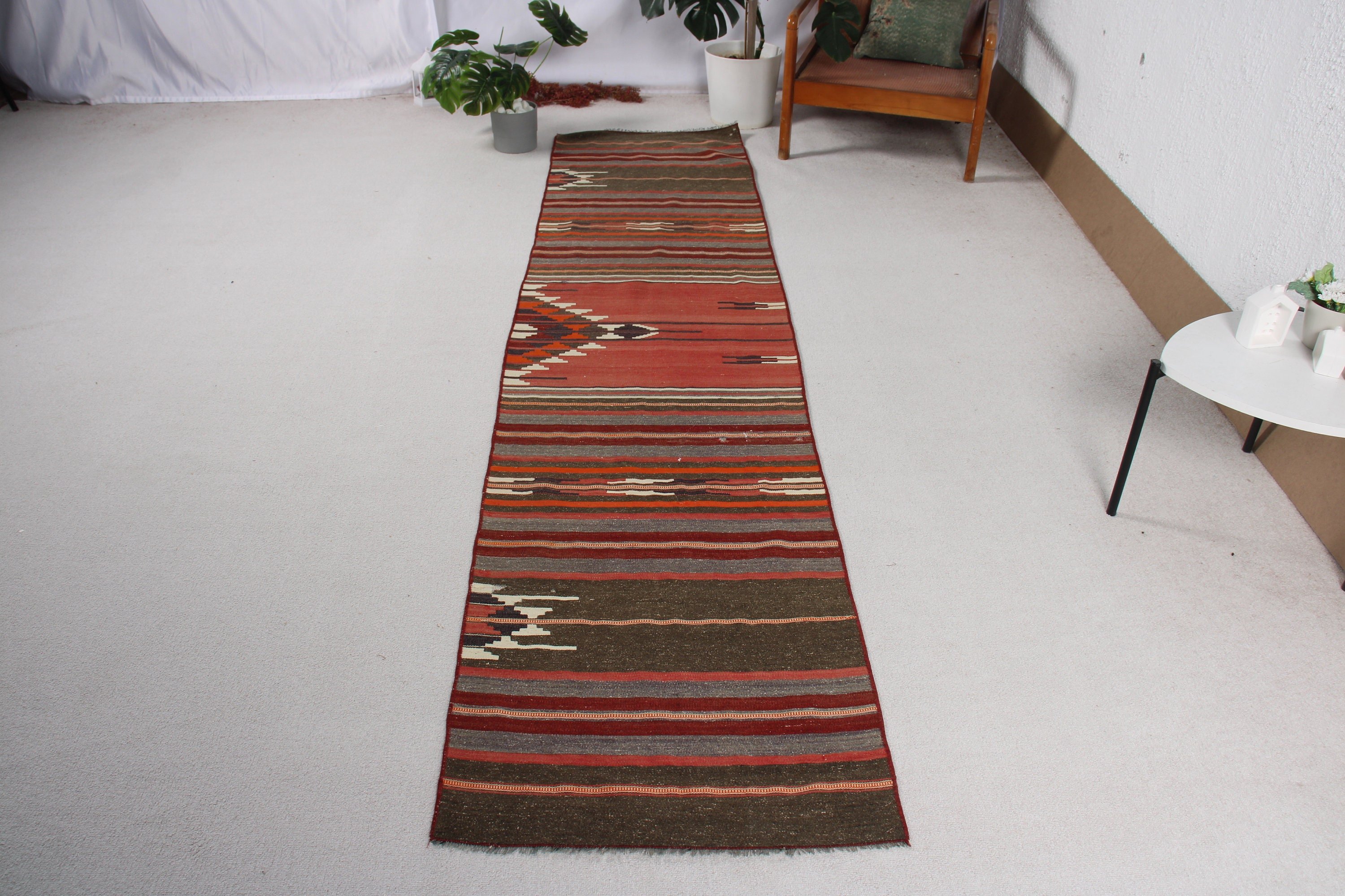 Nötr Halılar, Kilim, 2.2x9.7 ft Yolluk Halı, Türk Halısı, Kırmızı Boho Halılar, Beni Ourain Koşucu Halıları, Düz Dokuma Halı, Merdiven Halısı, Vintage Halılar