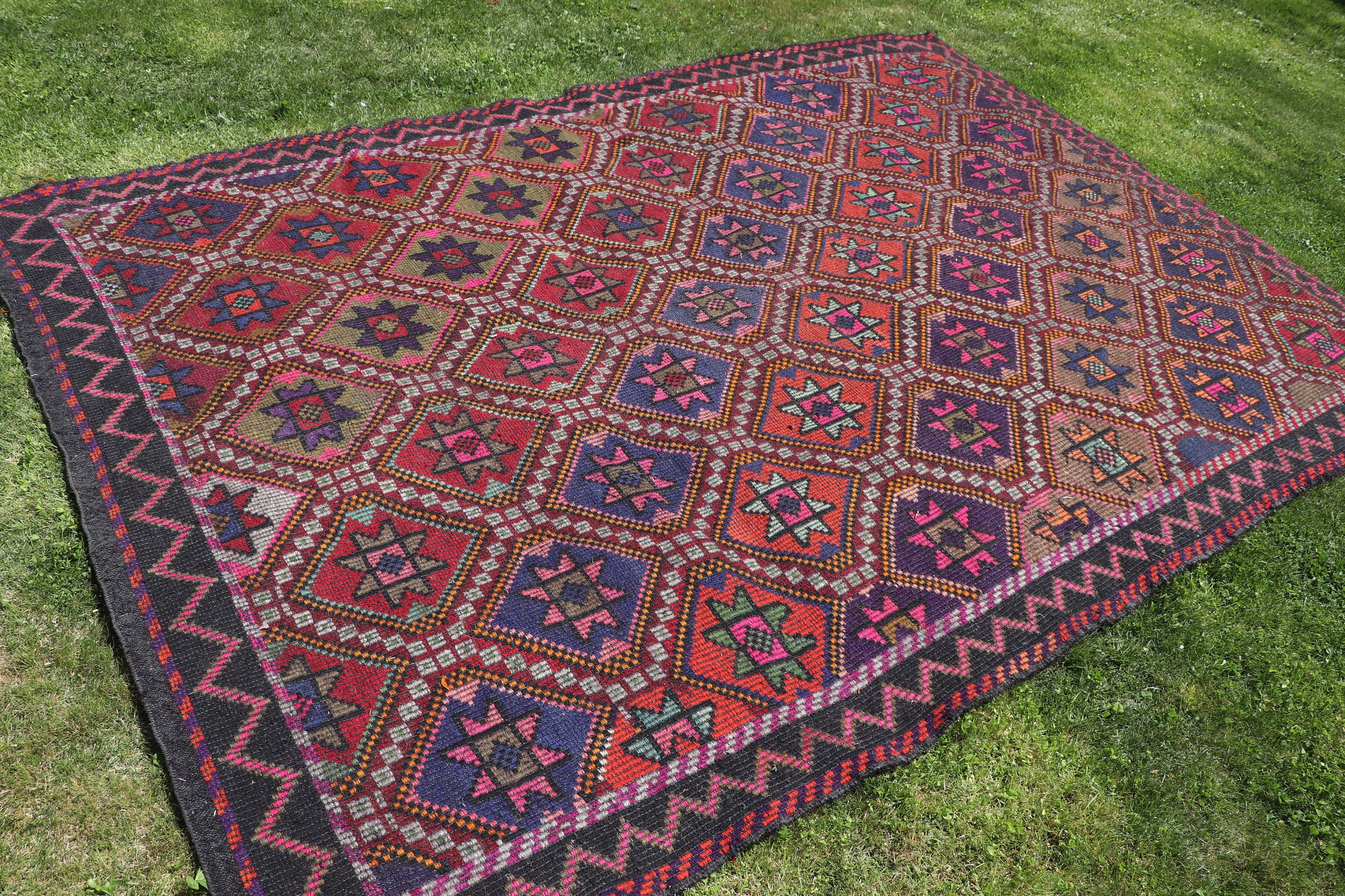 Büyük Vintage Halılar, Antika Halı, Yün Halılar, 6.6x9.6 ft Büyük Halı, Büyük Oushak Halıları, Türk Halıları, Siyah Açıklama Halısı, Vintage Halı, Kilim