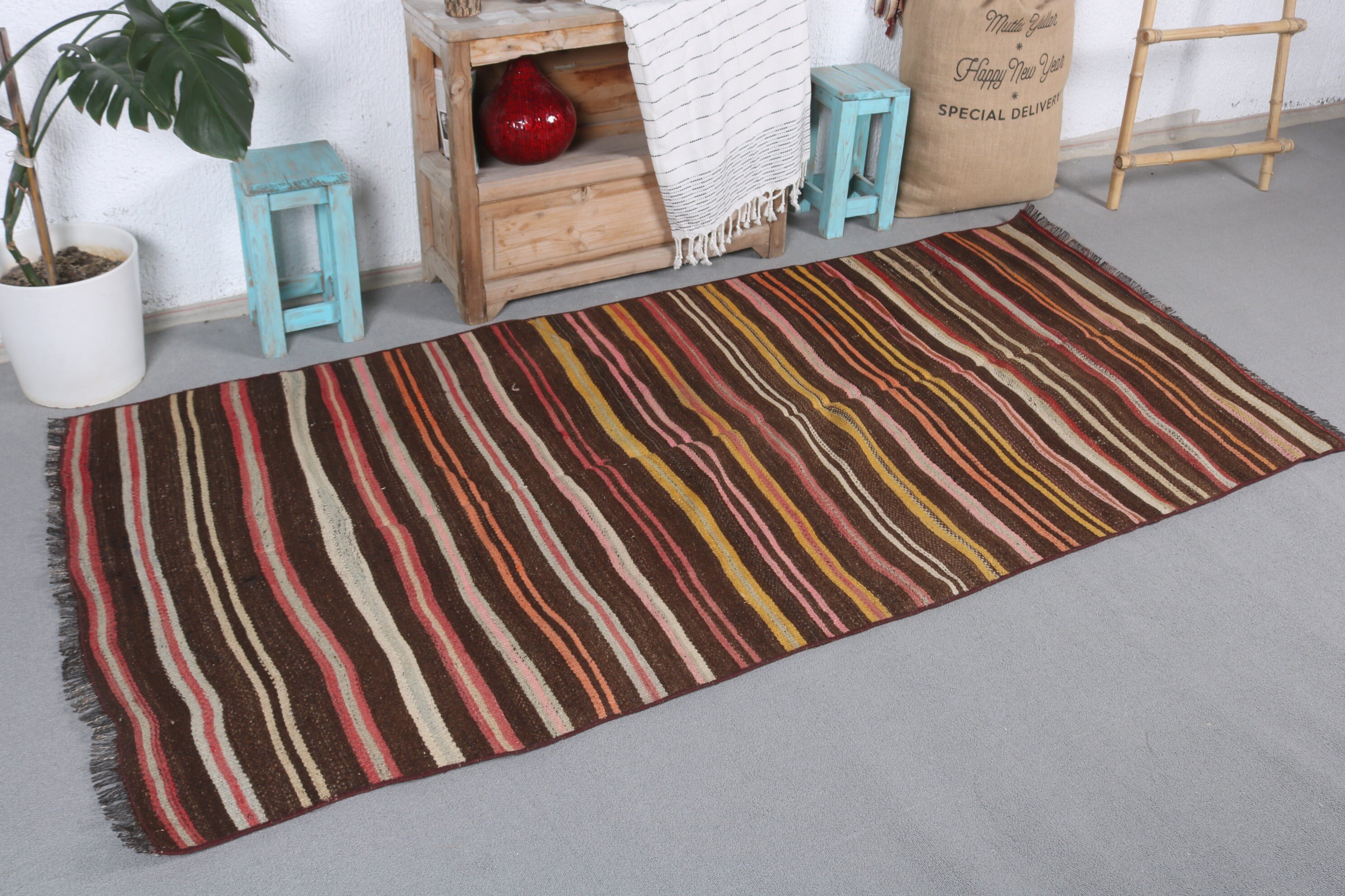 Vintage Rug, Home Decor Rug, 3.5x7.3 ft Area Rug, Nursery Rug, Turkish Rug, Kilim, Kitchen Rug, Brown Oushak Rug, Dorm Rug, Bedroom Rug