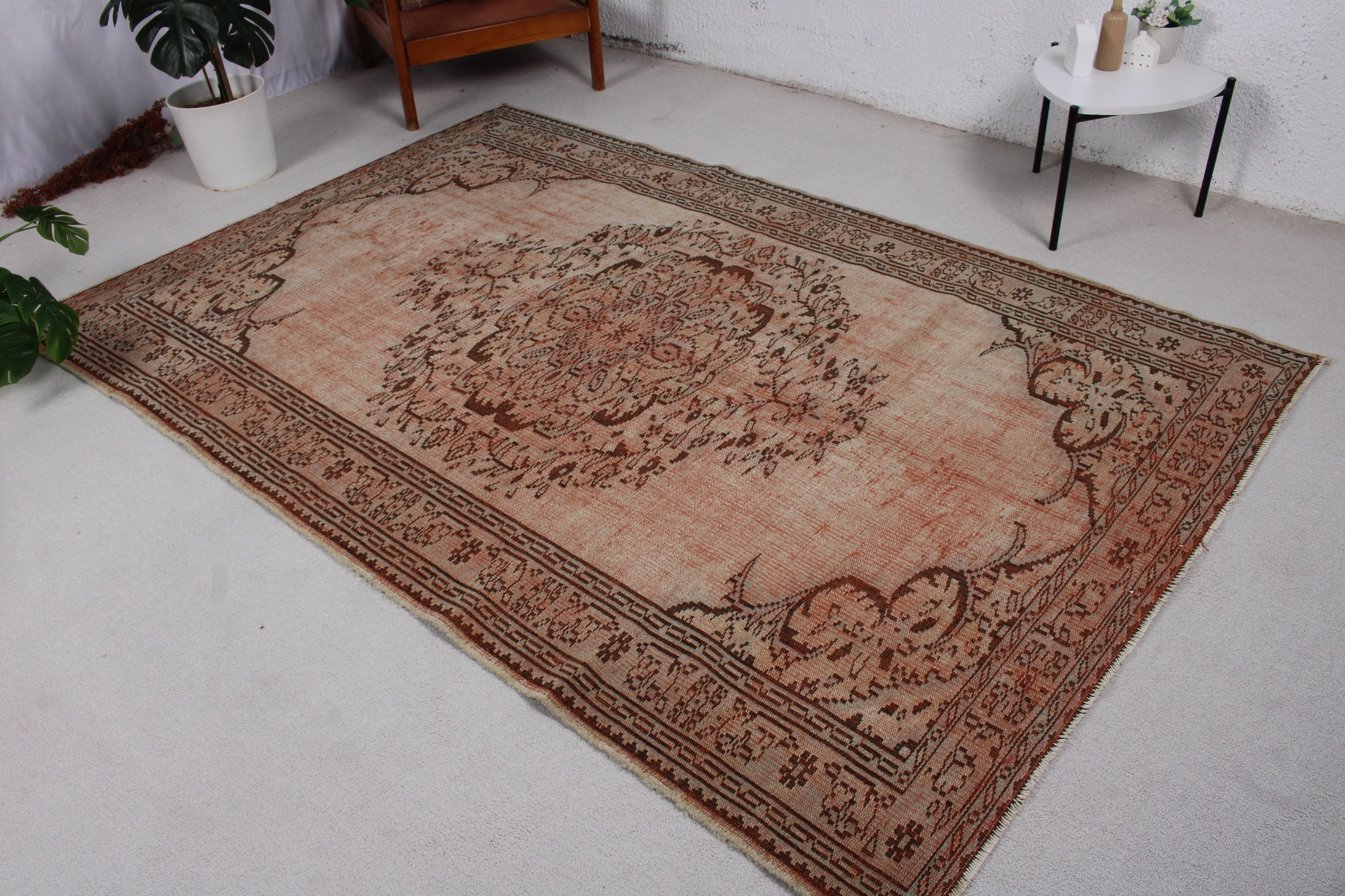 Vintage Halı, Salon Halısı, Kahverengi Oryantal Halılar, 5.3x8.1 ft Büyük Halılar, Büyük Oushak Halıları, Türk Halısı, Ev Dekorasyonu Halıları