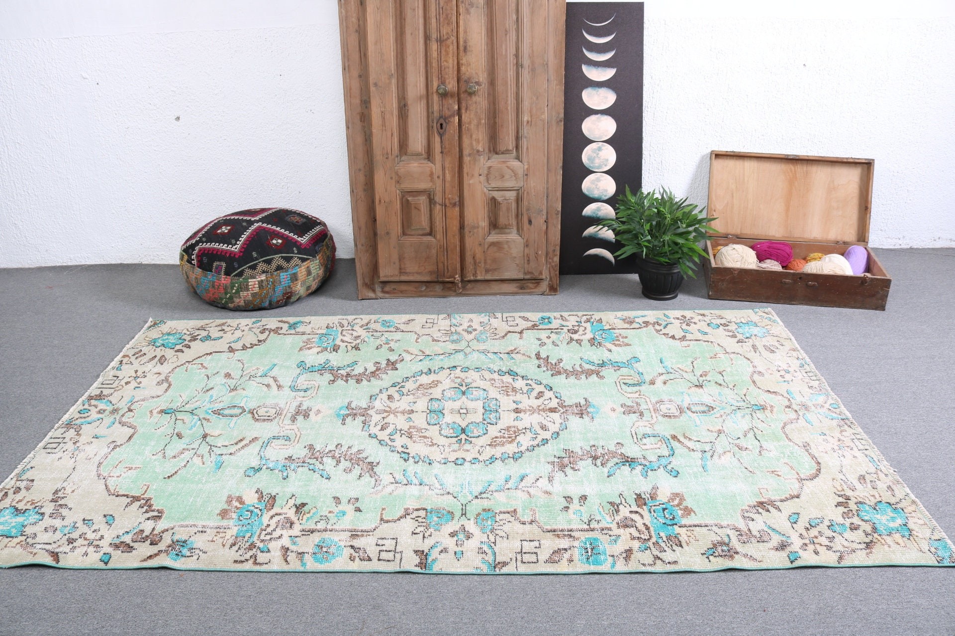 Yeşil Yün Halılar, Yemek Odası Halısı, Yatak Odası Halısı, 4,9x8,4 ft Büyük Halılar, Türk Halısı, Büyük Vintage Halı, Vintage Halı, Organik Halılar, Yer Halıları