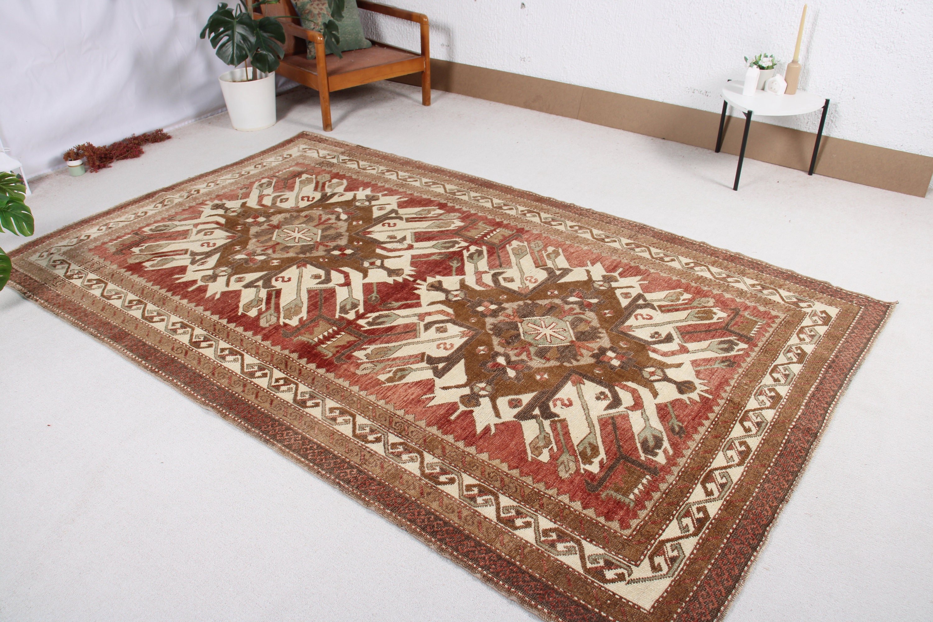 Modern Halılar, Aztek Halısı, 5.6x9 ft Büyük Halılar, Büyük Vintage Halılar, Büyük Oushak Halısı, Türk Halıları, Vintage Halılar, Kırmızı Oushak Halısı