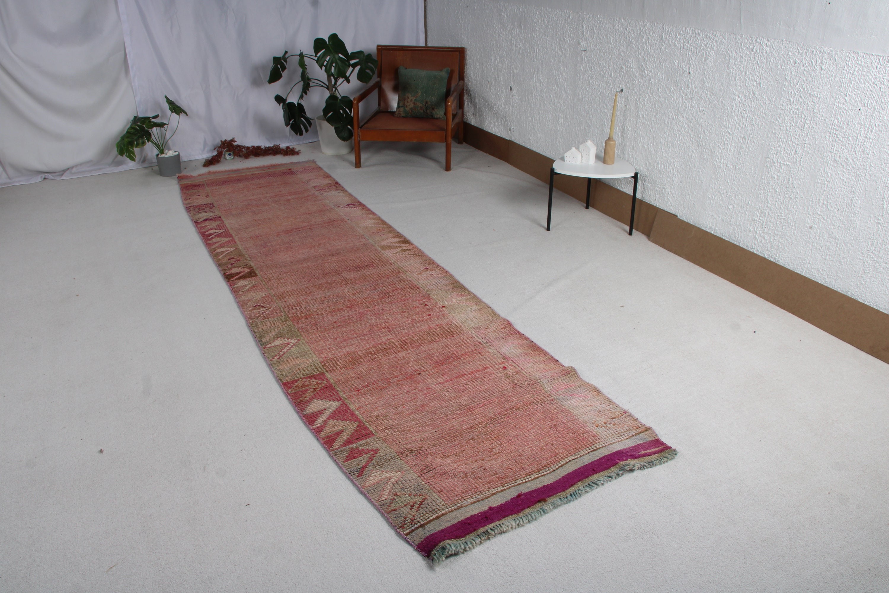 Vintage Runner için Halılar, Mutfak Halıları, Türk Halıları, Vintage Halı, Pembe Fas Halısı, Koridor Halıları, Yer Halısı, 3,1x12,3 ft Runner Halısı