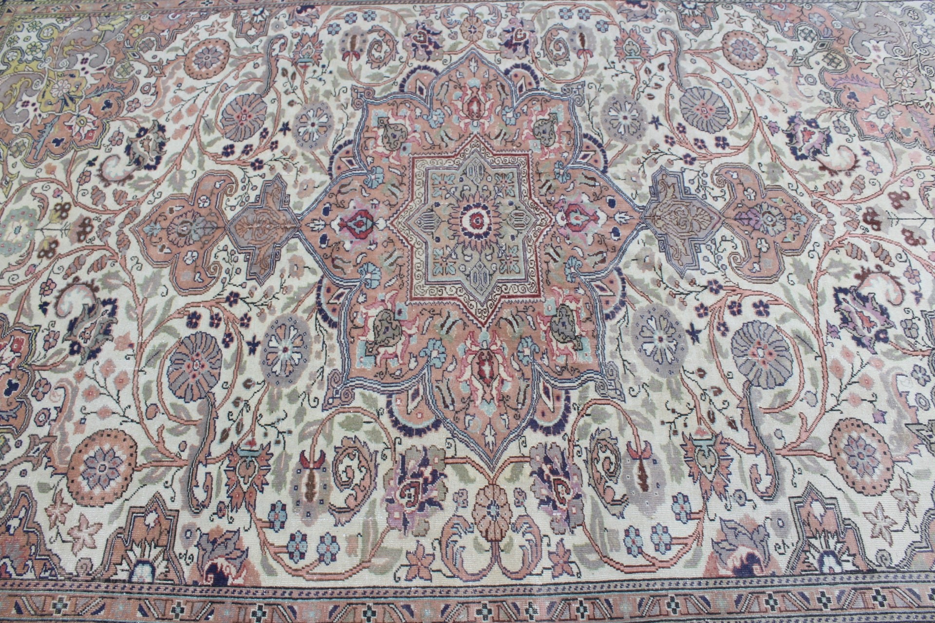 Bej Yer Halısı, Yün Halı, Vintage Halılar, Yemek Odası Halısı, Antika Halılar, 6.3x9.5 ft Büyük Halılar, Oturma Odası Halısı, Eskitme Halısı, Türk Halısı