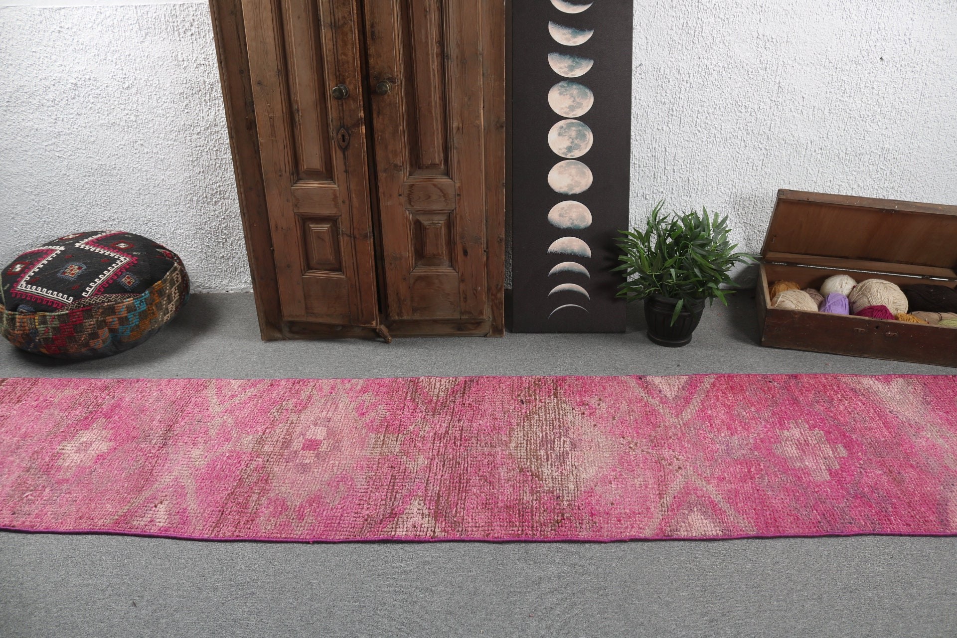 Modern Rugs, 2.4x10.8 ft Runner Rug, Turkish Rugs, Pink Neutral Rugs, Cool Rug, Beni Ourain Runner Rugs, Corridor Rug, Vintage Rug