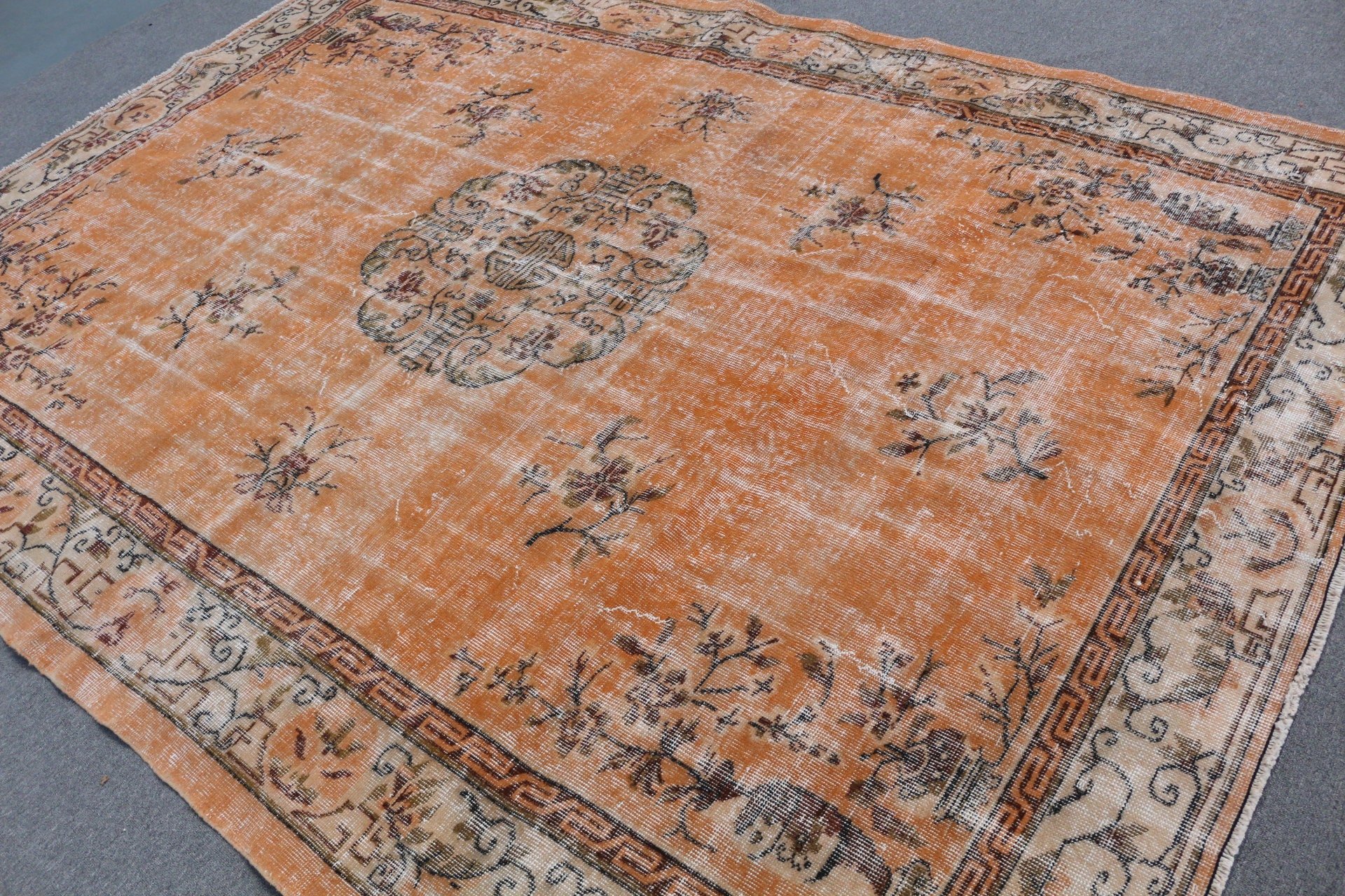 7.3x10.1 ft Oversize Rugs, Saloon Rug, Dining Room Rug, Oriental Rugs, Vintage Rug, Turkish Rug, Orange Home Decor Rugs, Bedroom Rug