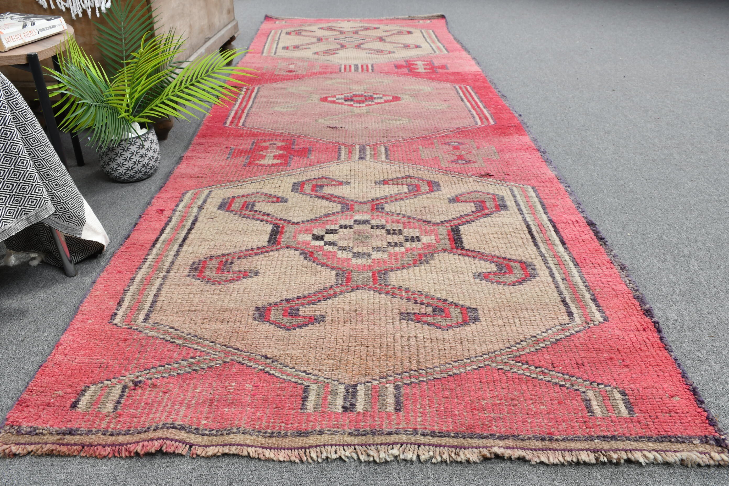 Pink Oushak Rug, Turkish Rug, 3.4x10.6 ft Runner Rug, Floor Rug, Vintage Rugs, Hallway Rug, Natural Rug, Rugs for Corridor