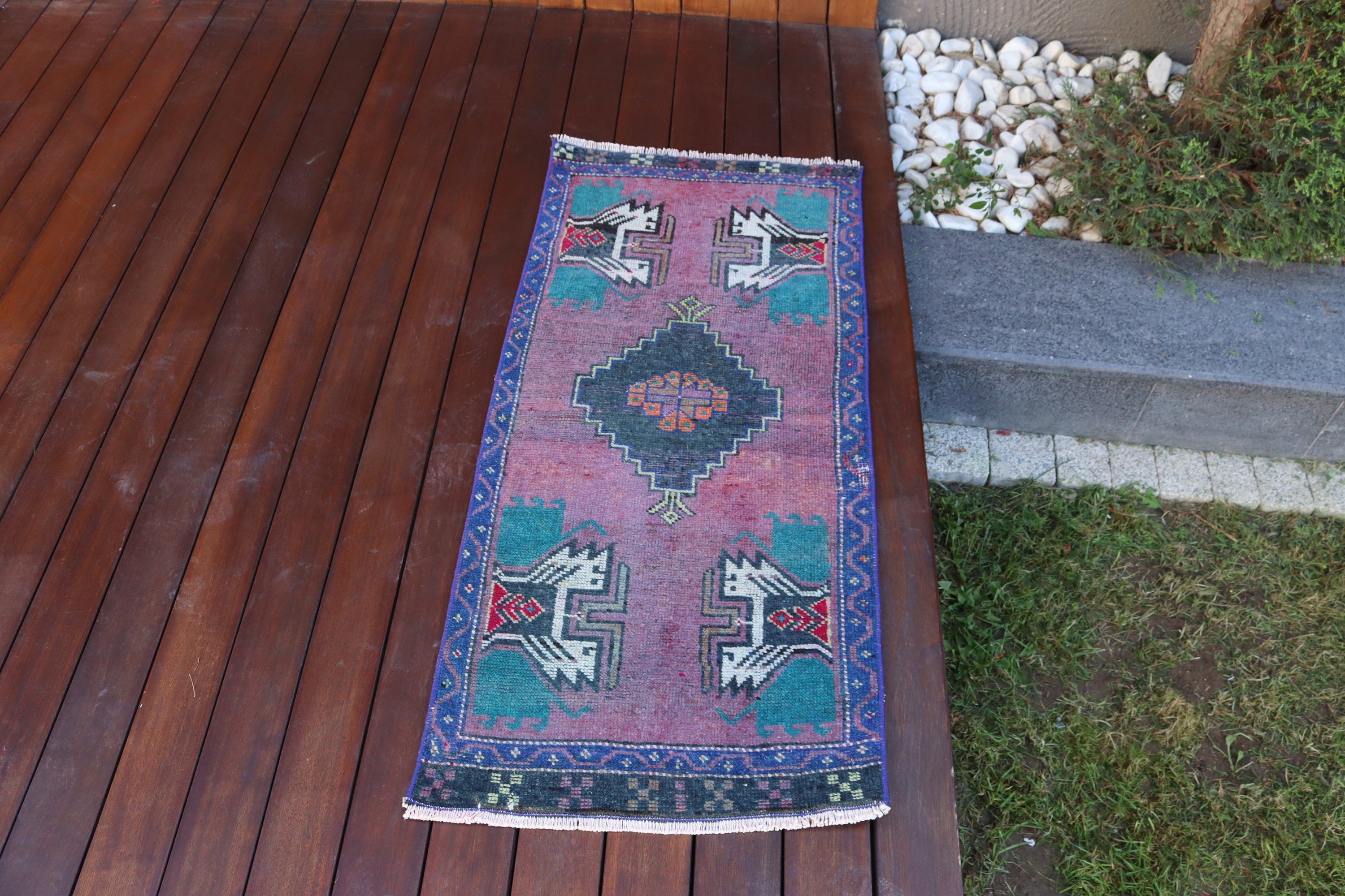 Modern Halı, Vintage Halı, Mor 1.7x3.5 ft Küçük Halı, Yün Halı, Banyo Halıları, Duvara Asma Halılar, Yatak Odası Halıları, Türk Halısı