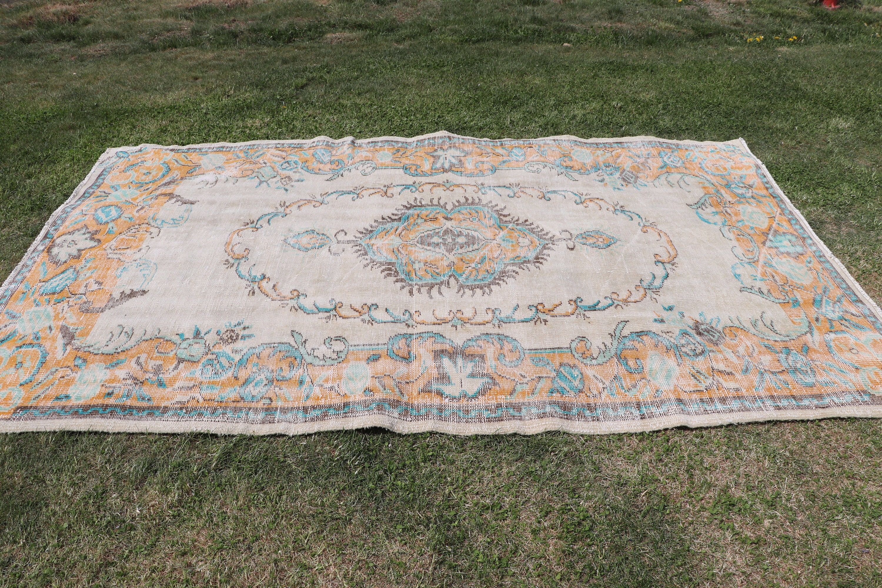 Bej Lüks Halılar, Vintage Halılar, El Dokuma Halılar, Oturma Odası Halıları, Türk Halısı, Oushak Halıları, 5.4x8.9 ft Büyük Halılar, Boho Halıları, Yatak Odası Halıları