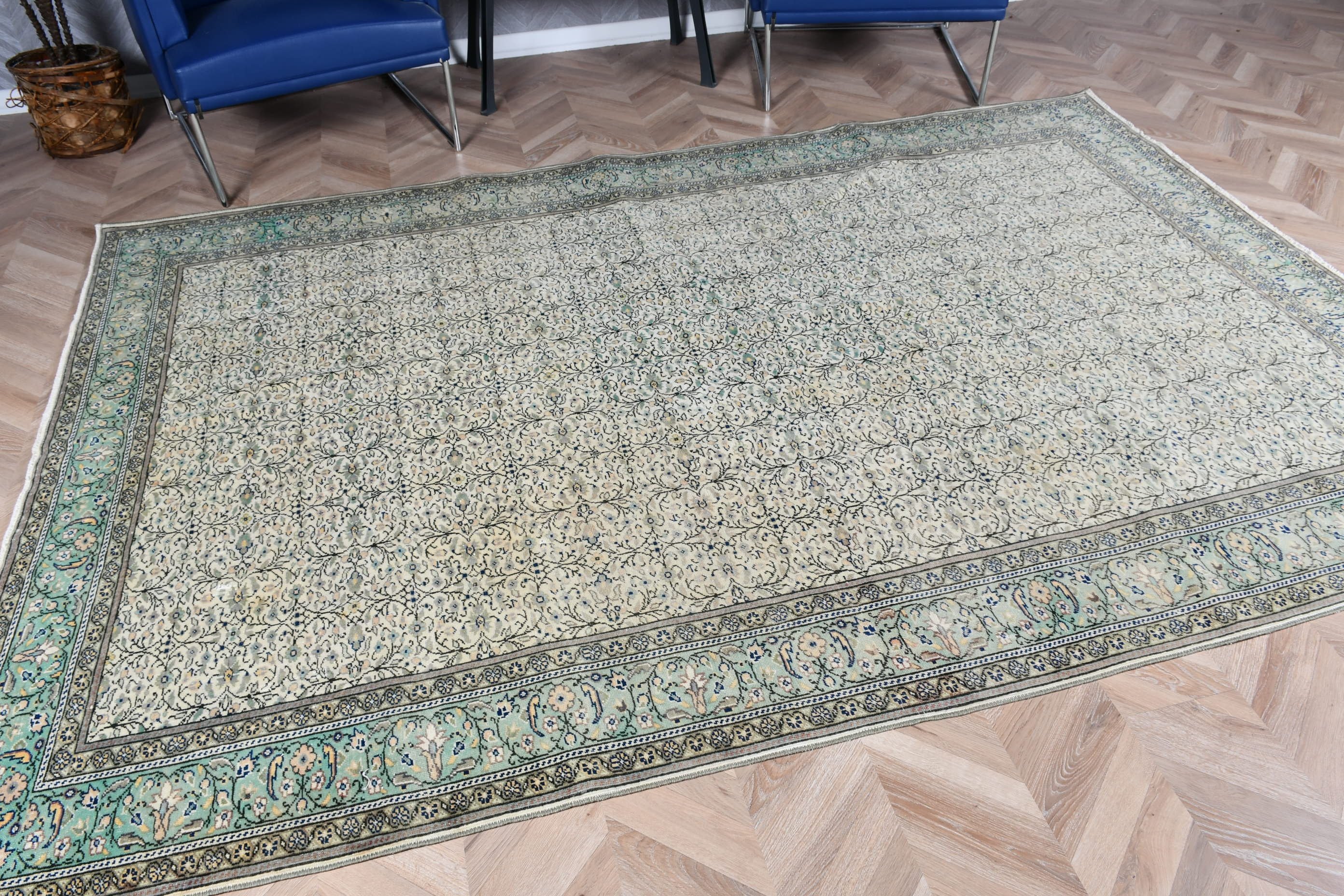 Türk Halısı, 6.5x9.4 ft Büyük Halı, Vintage Halı, Soluk Halı, Fas Halıları, Bej Oushak Halısı, Salon Halıları, Oturma Odası Halıları, Anadolu Halısı