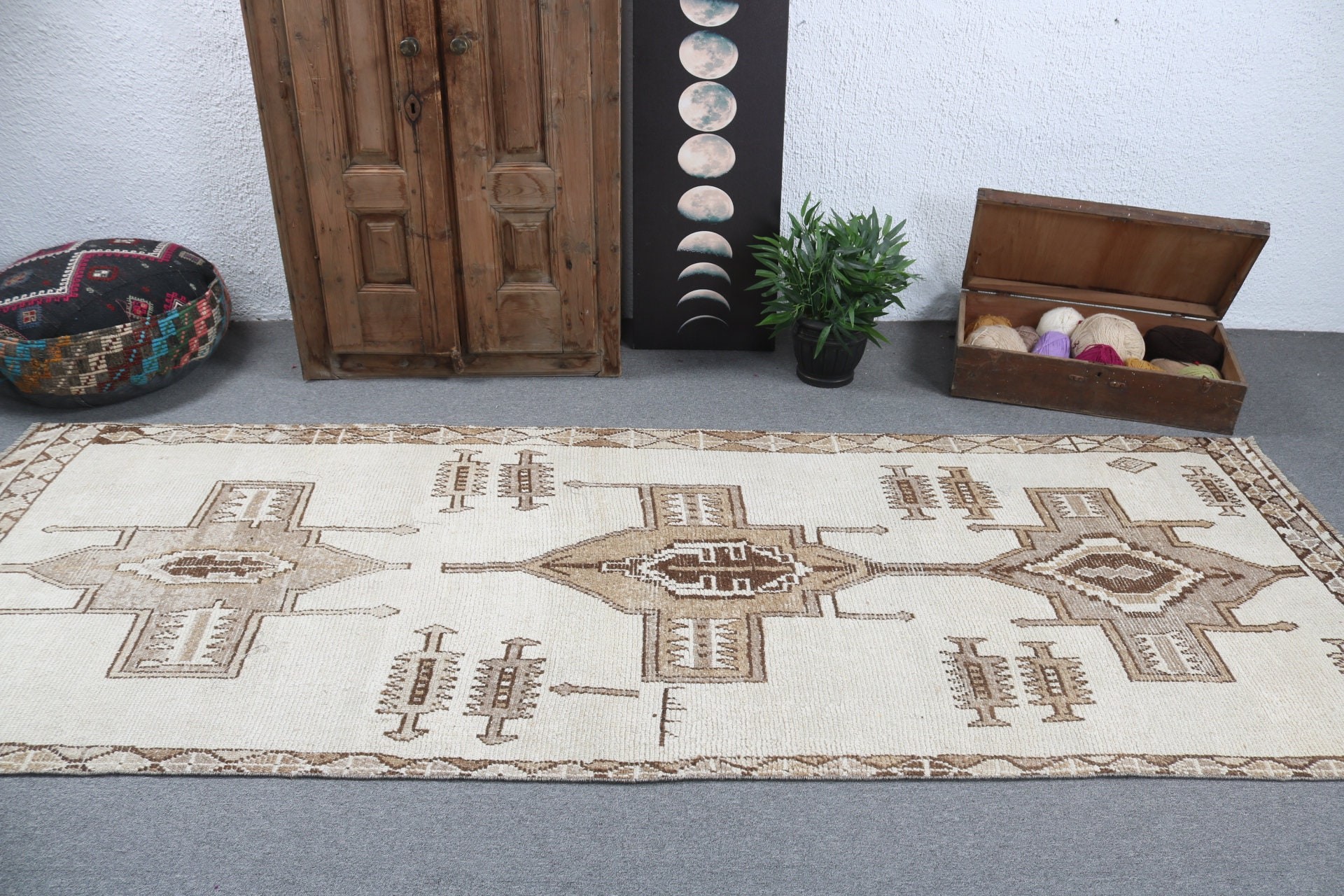 3.7x10.2 ft Runner Halı, Bej Nötr Halı, Vintage Runner Halıları, Vintage Halılar, Türk Halıları, Havalı Halılar, Anadolu Halıları, Mutfak Halıları