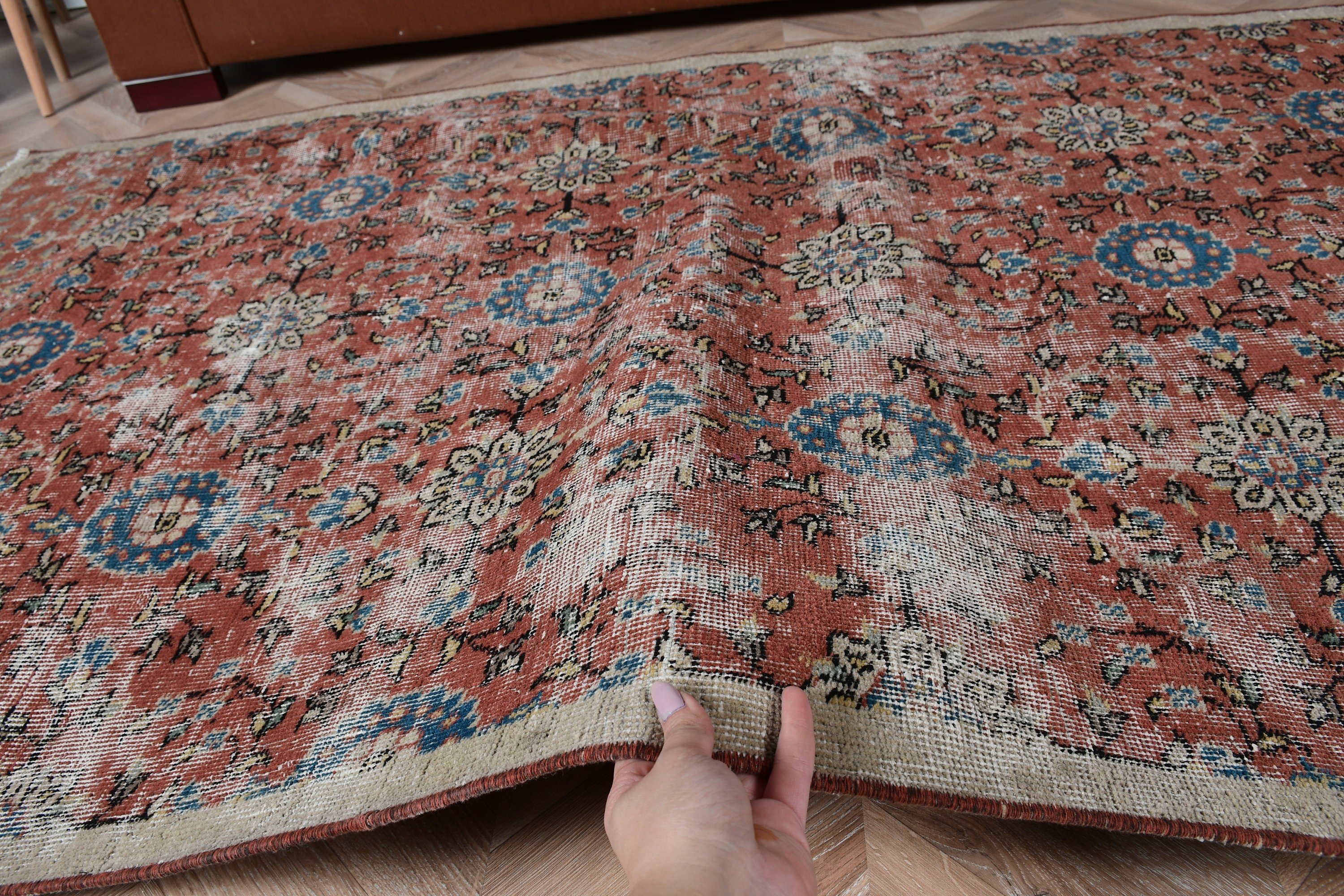 Vintage Halı, Mutfak Halısı, Türk Halısı, Oushak Halıları, Alan Kilimleri, Kırmızı Oushak Halısı, 3,7x7,3 ft Alan Halısı, Ev Dekor Halıları, Yemek Odası Halısı