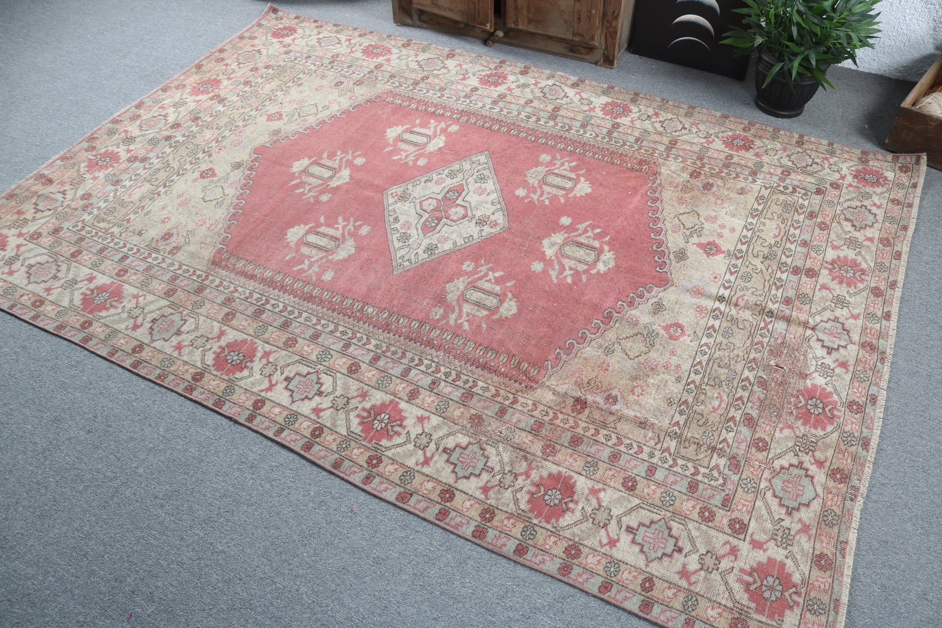 Vintage Halı, 5.3x7.8 ft Büyük Halılar, Ofis Halıları, Büyük Boho Halıları, Düz Dokuma Halı, Boho Halıları, Kırmızı Lüks Halılar, Türk Halısı, Büyük Oushak Halıları