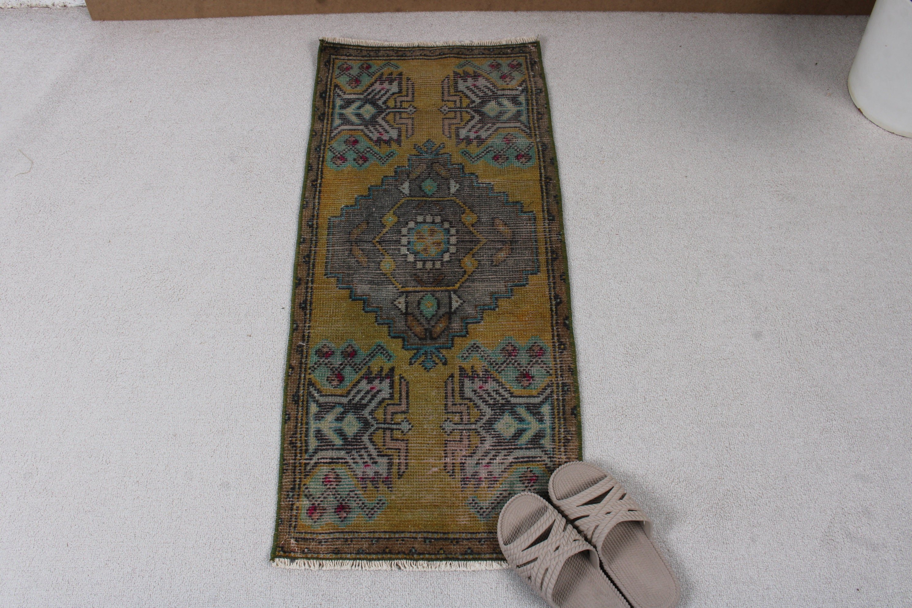 Ev Dekor Halıları, 1.4x3.2 ft Küçük Halı, Sarı Geometrik Halı, Giriş Halısı, Kapı Paspas Halıları, Dış Mekan Halısı, Vintage Halı, Türk Halısı