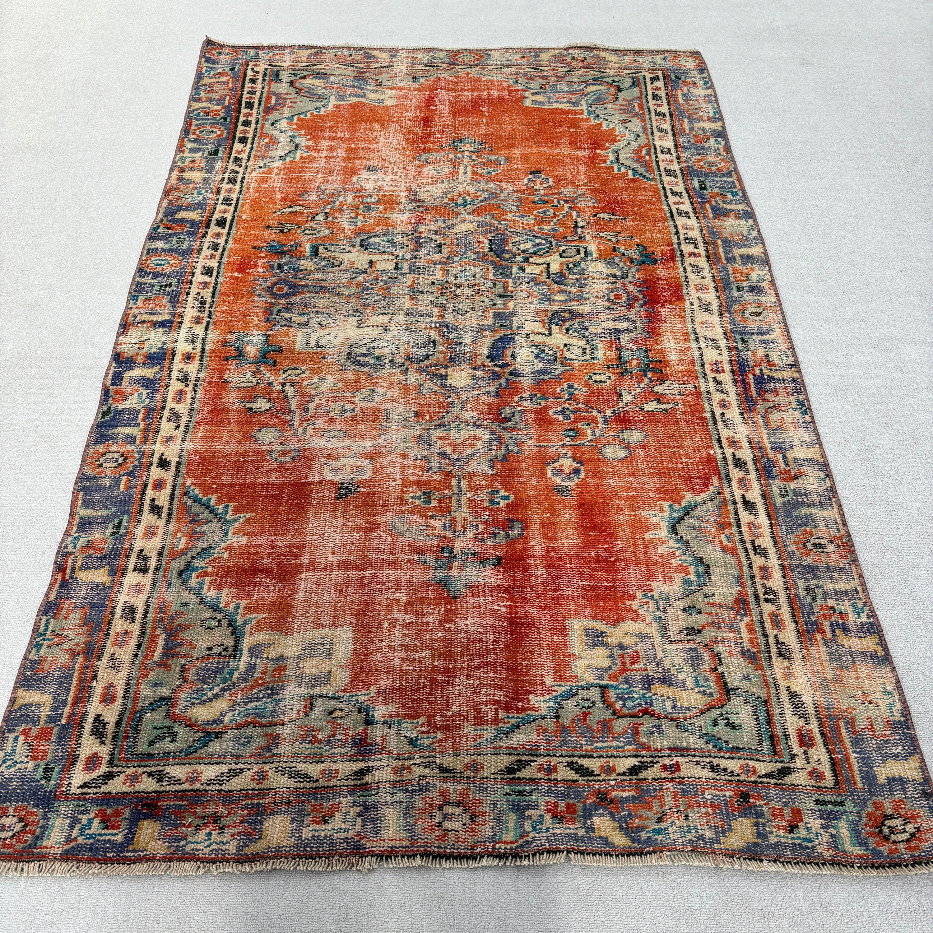 Turkish Rugs, Floor Rugs, Orange Boho Rugs, Bedroom Rugs, Traditional Rug, Vintage Rug, Handwoven Rug, 4.4x7.2 ft Area Rug, Moroccan Rug