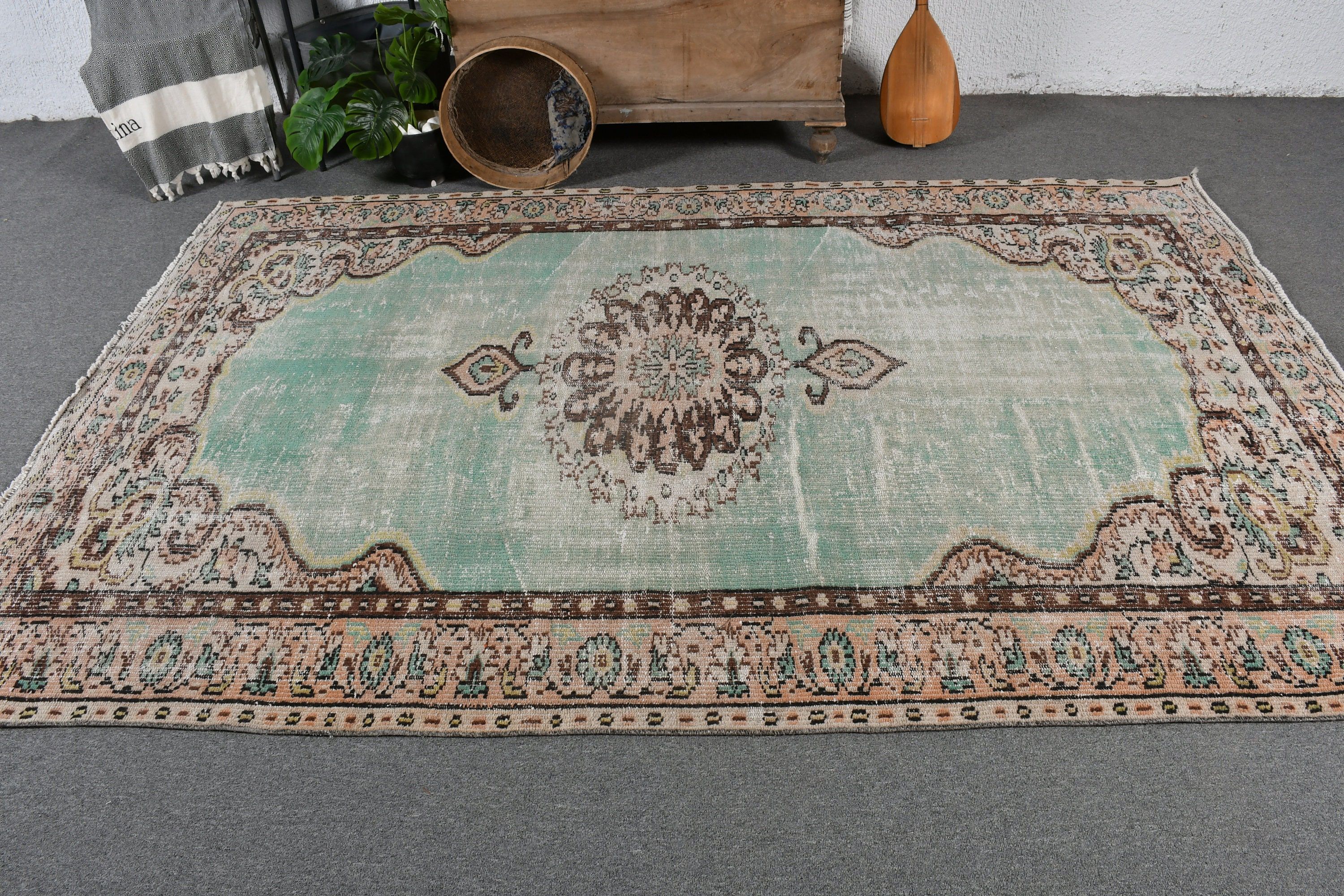 Fas Halısı, Vintage Halı, Yeşil Anadolu Halısı, Anadolu Halısı, Türk Halısı, Oturma Odası Halısı, Yemek Odası Halısı, 5.6x8.8 ft Büyük Halılar