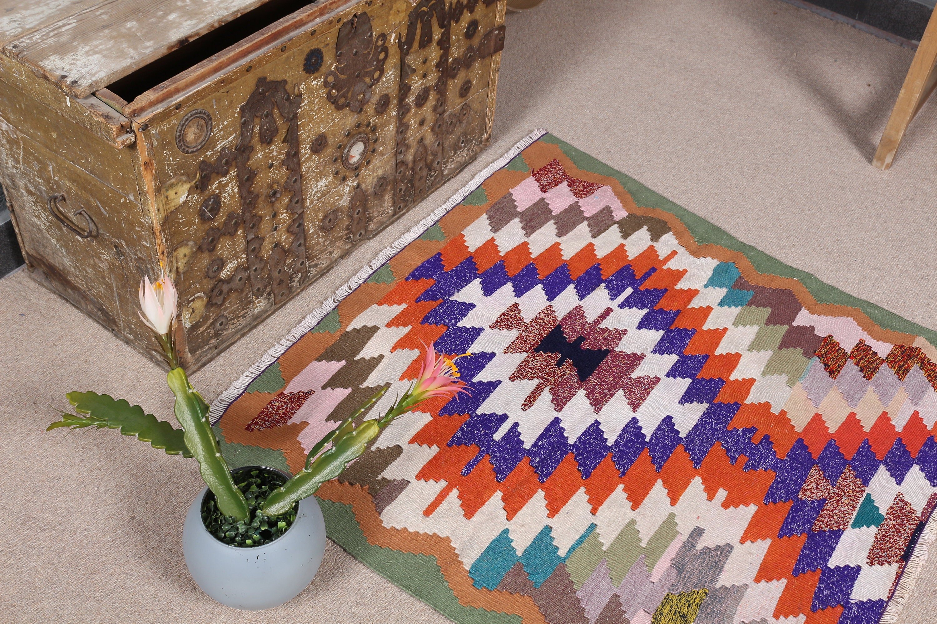 Turkish Rugs, Vintage Rug, Entry Rug, Bath Rug, Rugs for Nursery, Orange Wool Rug, Kilim, Antique Rug, Oushak Rug, 3.2x3.1 ft Small Rug