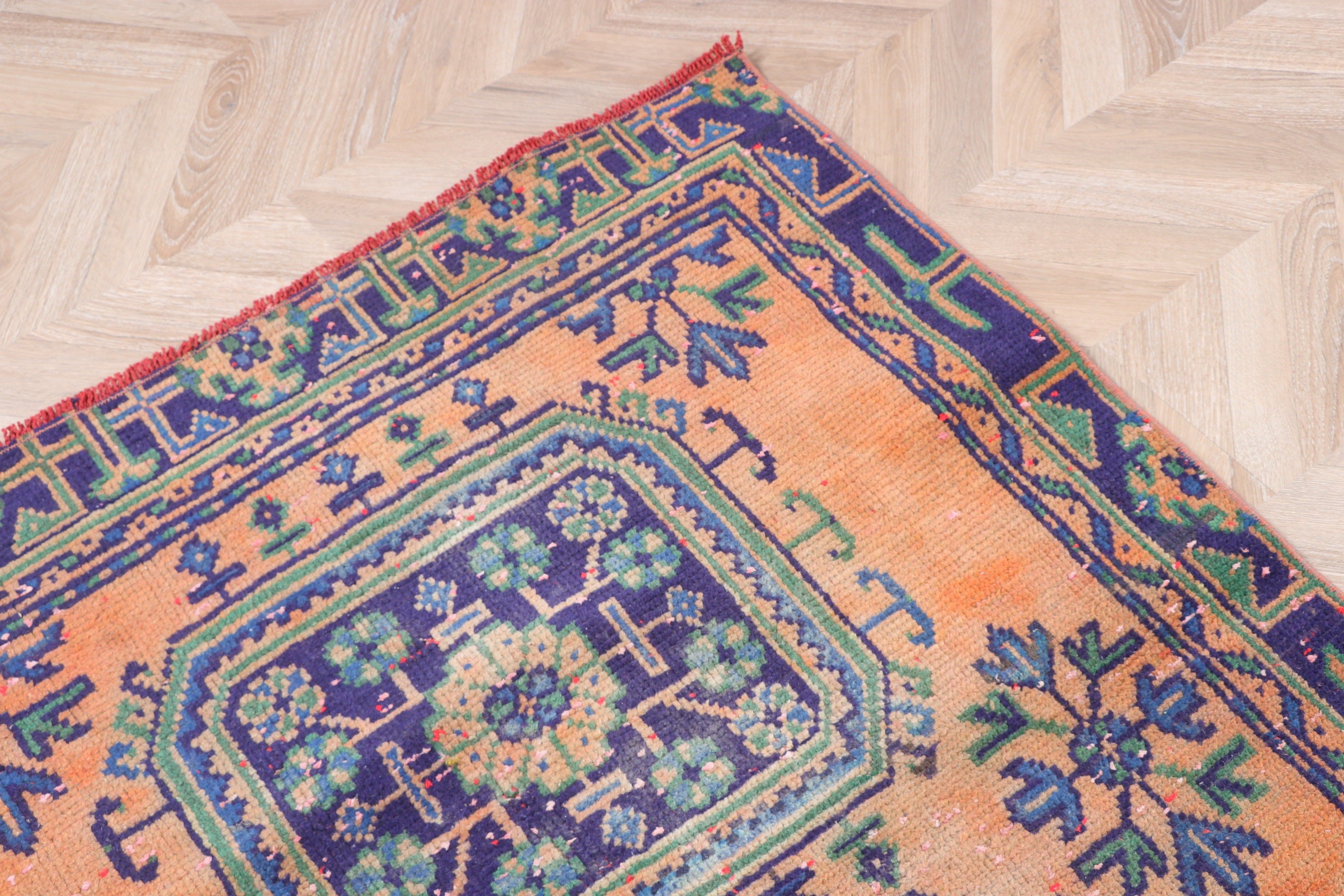 Merdiven Halısı, Vintage Halı, 3.6x10.1 ft Runner Halıları, Turuncu Geometrik Halı, El Dokuma Halıları, Türk Halısı, Beni Ourain Runner Halıları, Boho Halısı