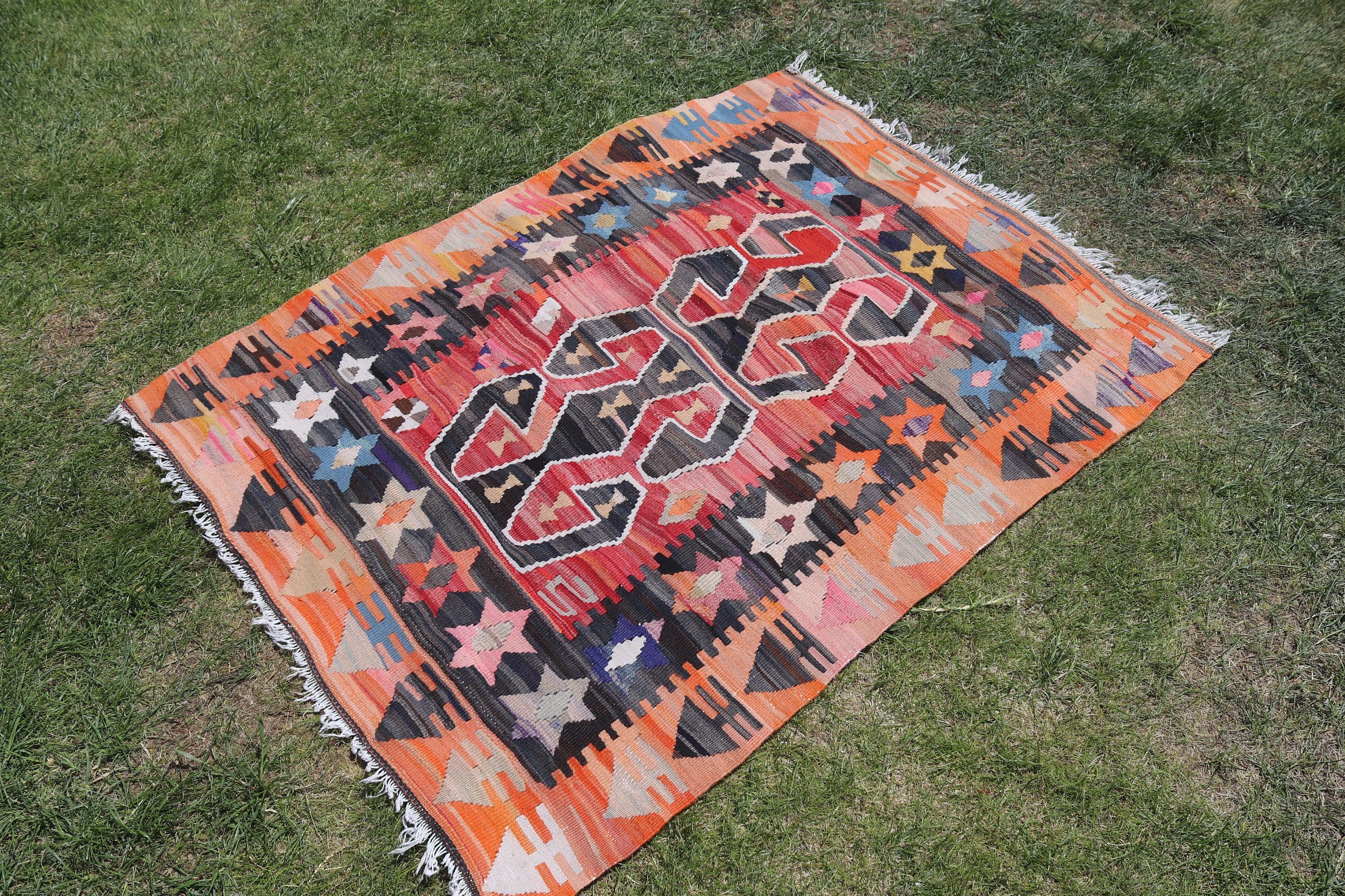 Bedroom Rugs, Orange  3.1x4.2 ft Small Rug, Modern Rug, Kilim, Small Boho Rug, Vintage Rug, Wall Hanging Rug, Turkish Rug