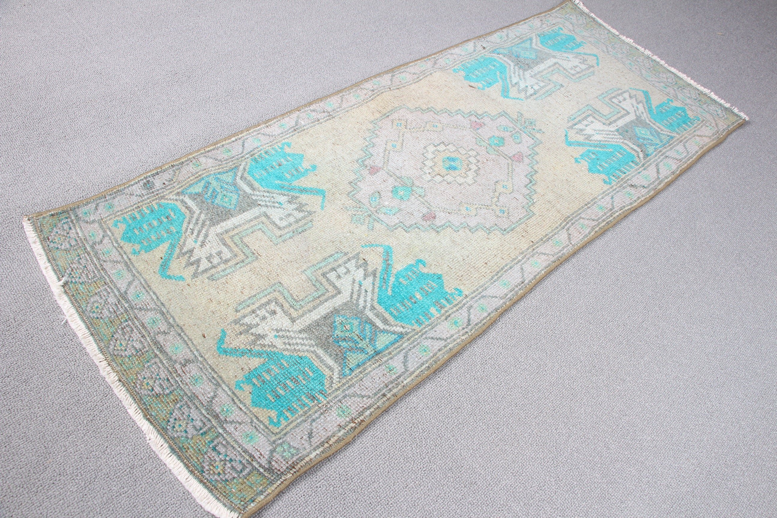 1.4x3.6 ft Small Rug, Bedroom Rugs, Green Oriental Rug, Door Mat Rug, Vintage Rug, Oriental Rug, Muted Rugs, Turkish Rug, Anatolian Rugs