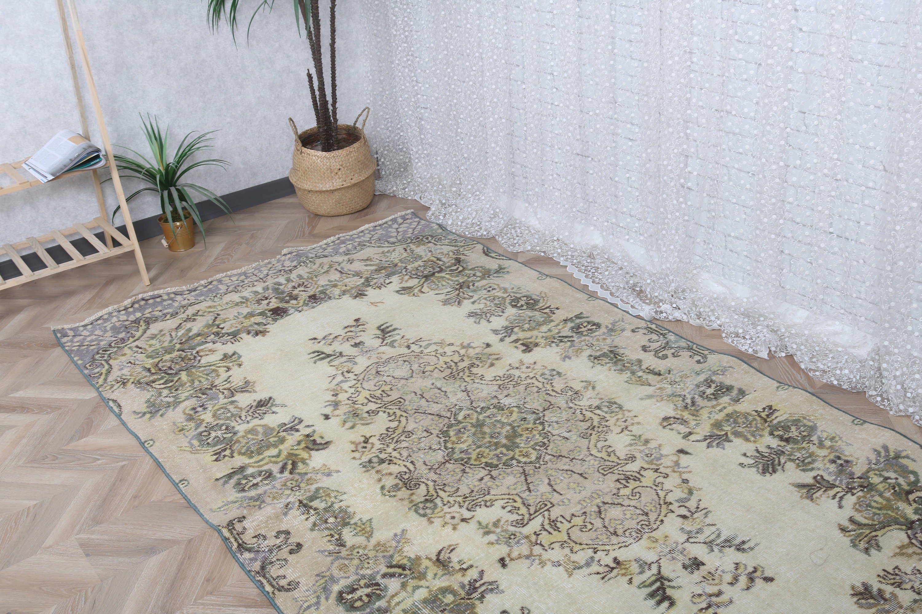 Türk Halısı, Sarı Geometrik Halı, 4.6x9 ft Büyük Halılar, Yün Halılar, Salon Halısı, Oryantal Halı, Yatak Odası Halıları, Vintage Halı, Yatak Odası Halıları