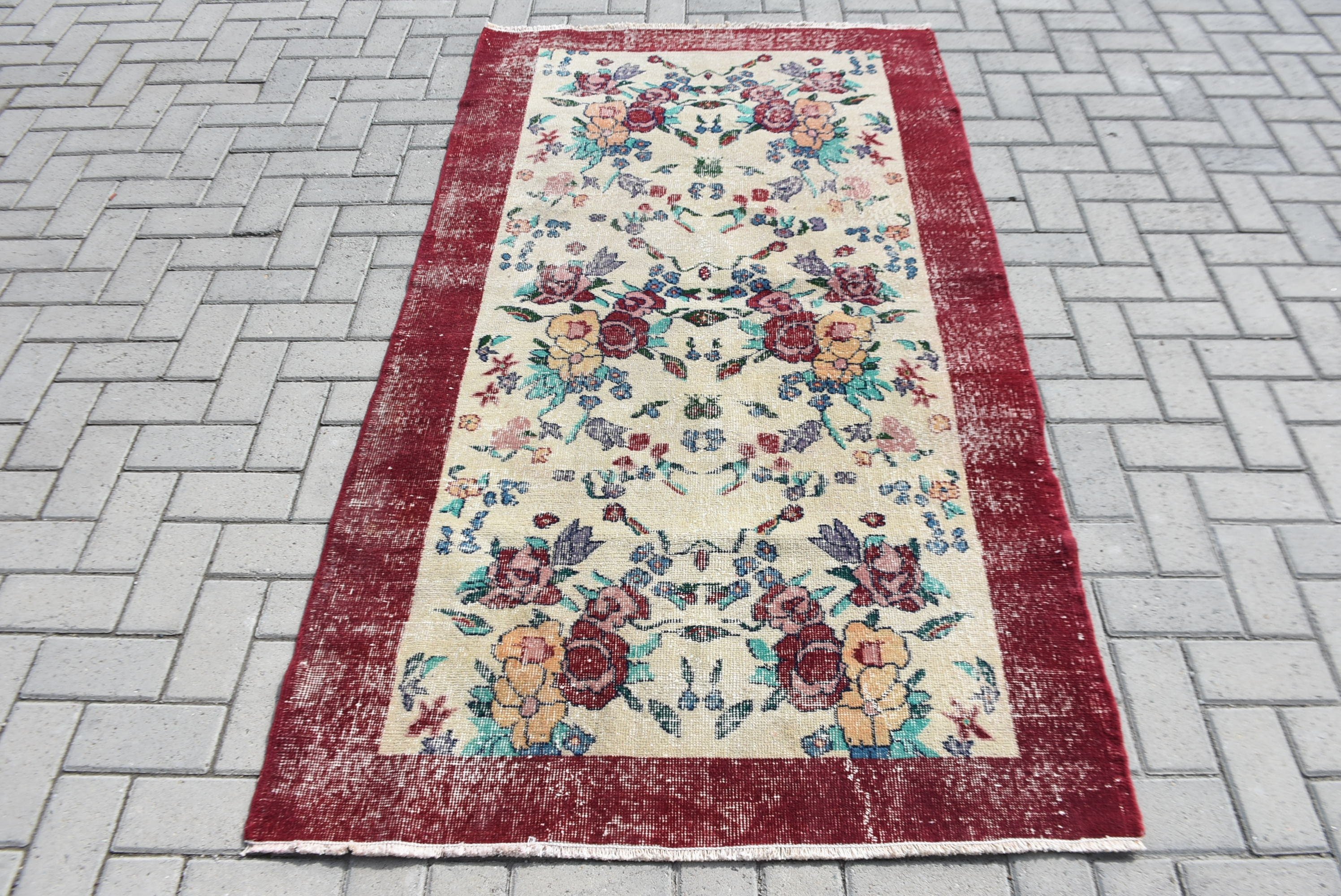 Turkish Rug, Art Rug, Antique Rug, Floor Rugs, 3.8x6.7 ft Area Rug, Wool Rugs, Rugs for Floor, Red Wool Rug, Vintage Rug, Vintage Decor Rug