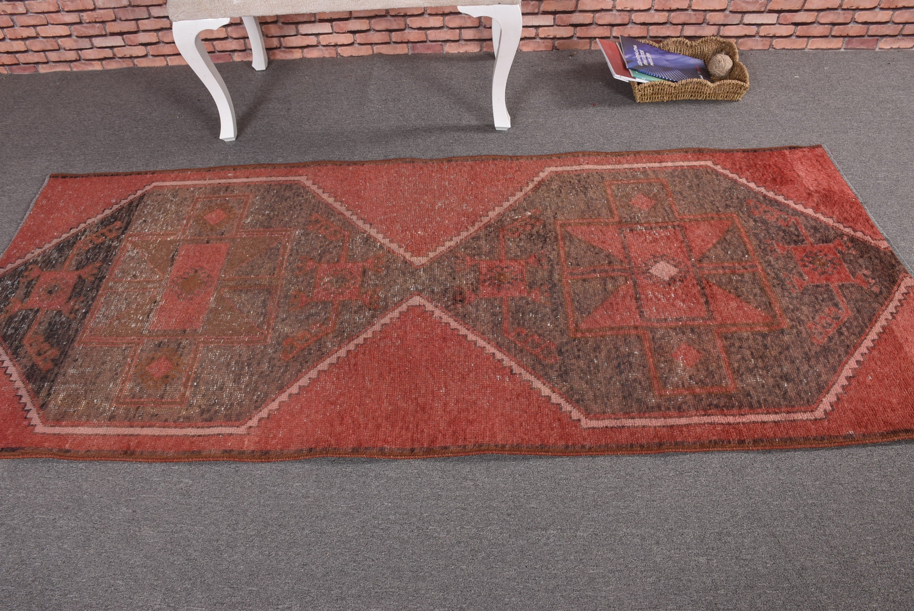 Kitchen Rugs, Artistic Rug, 3.1x7.4 ft Accent Rugs, Luxury Rugs, Vintage Rug, Handwoven Rugs, Bedroom Rugs, Turkish Rugs, Red Neutral Rugs