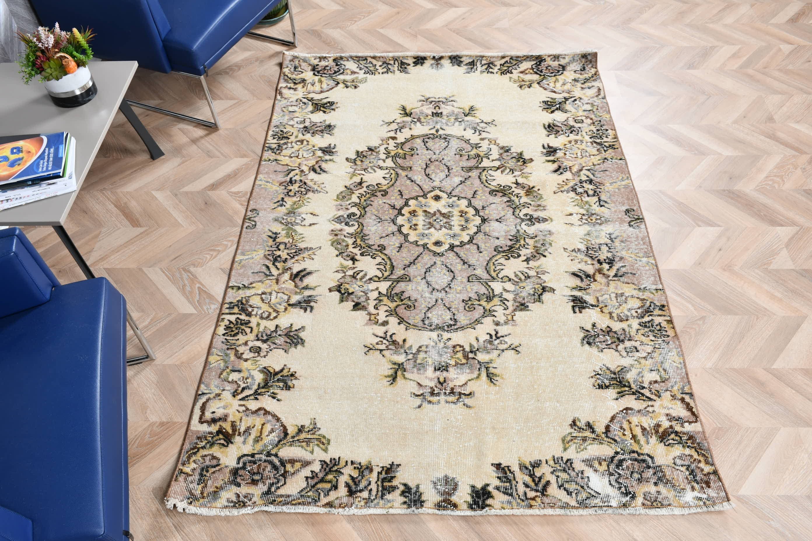 Vintage Halı, Yün Halı, Soluk Halı, Yemek Odası Halısı, Bej Fas Halısı, Oturma Odası Halıları, 4.7x6.8 ft Alan Halıları, Türk Halısı, Yatak Odası Halısı