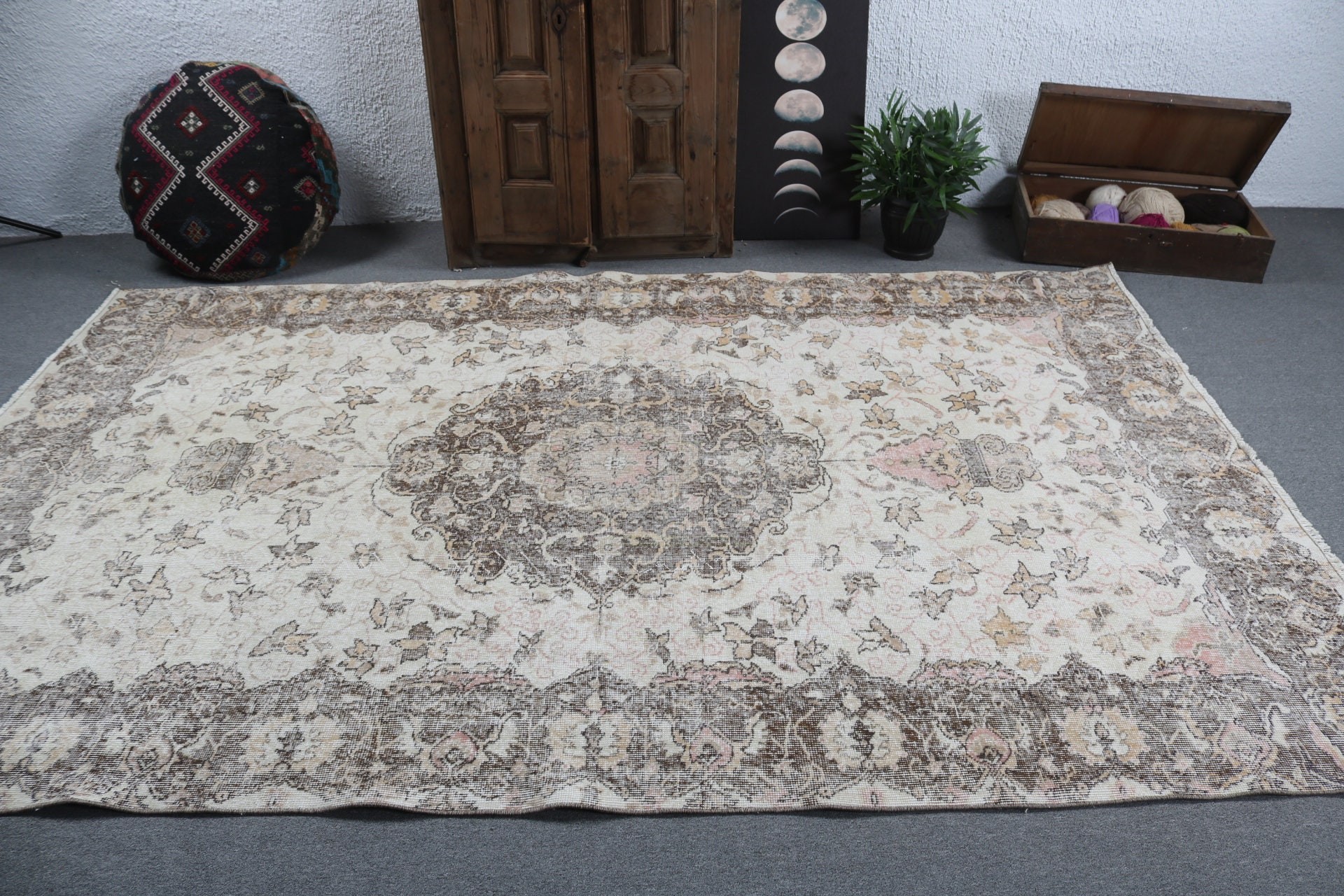 Geometrik Halılar, Oturma Odası Halısı, Anadolu Halıları, Büyük Vintage Halı, Türk Halısı, Vintage Halı, Bej Anadolu Halıları, 6.2x9.7 ft Büyük Halılar