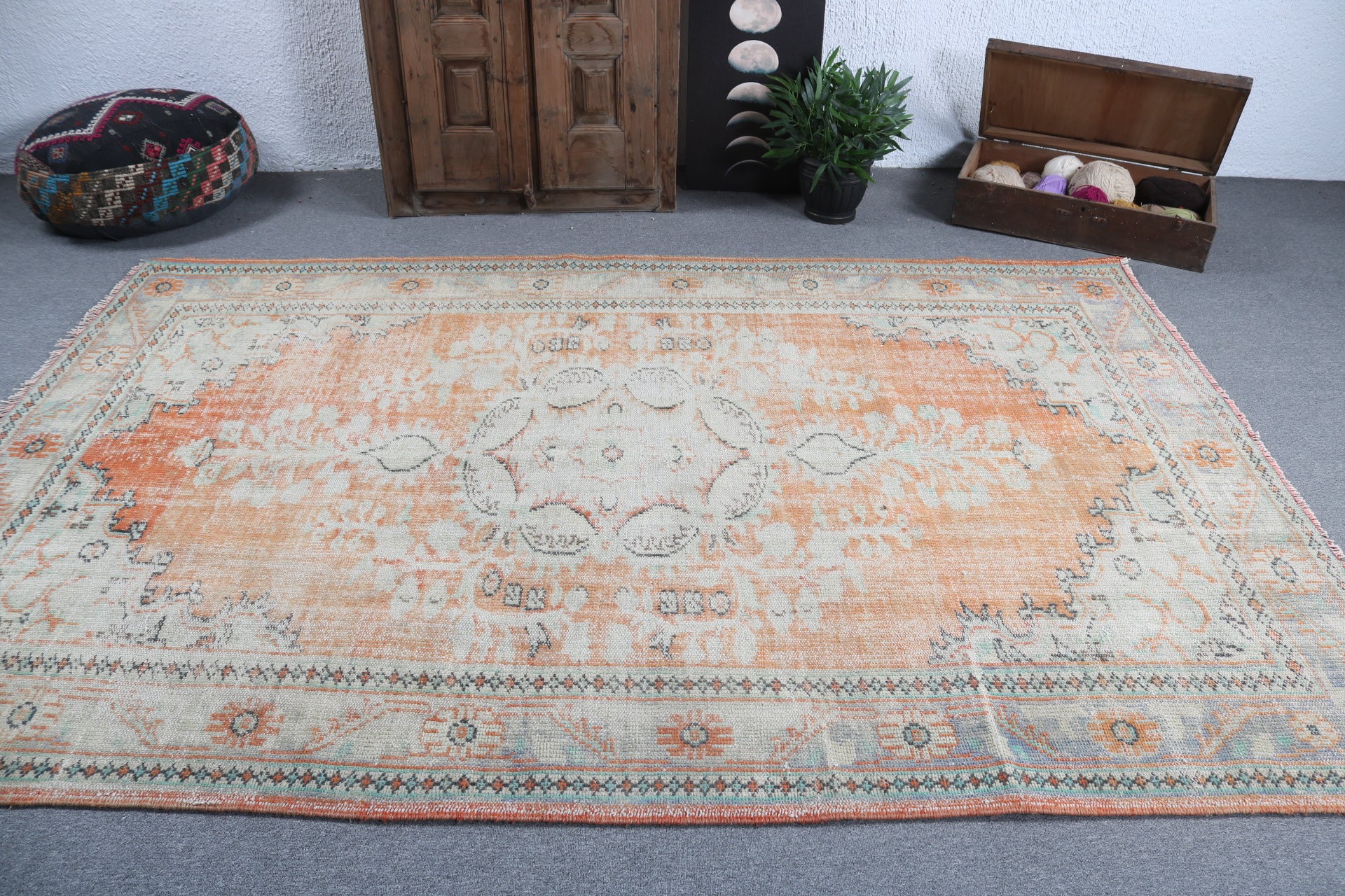 Türk Halıları, Nötr Halı, Oturma Odası Halıları, Turuncu Anadolu Halıları, Geometrik Halı, 5,9x9,1 ft Büyük Halılar, Vintage Halı, Salon Halıları