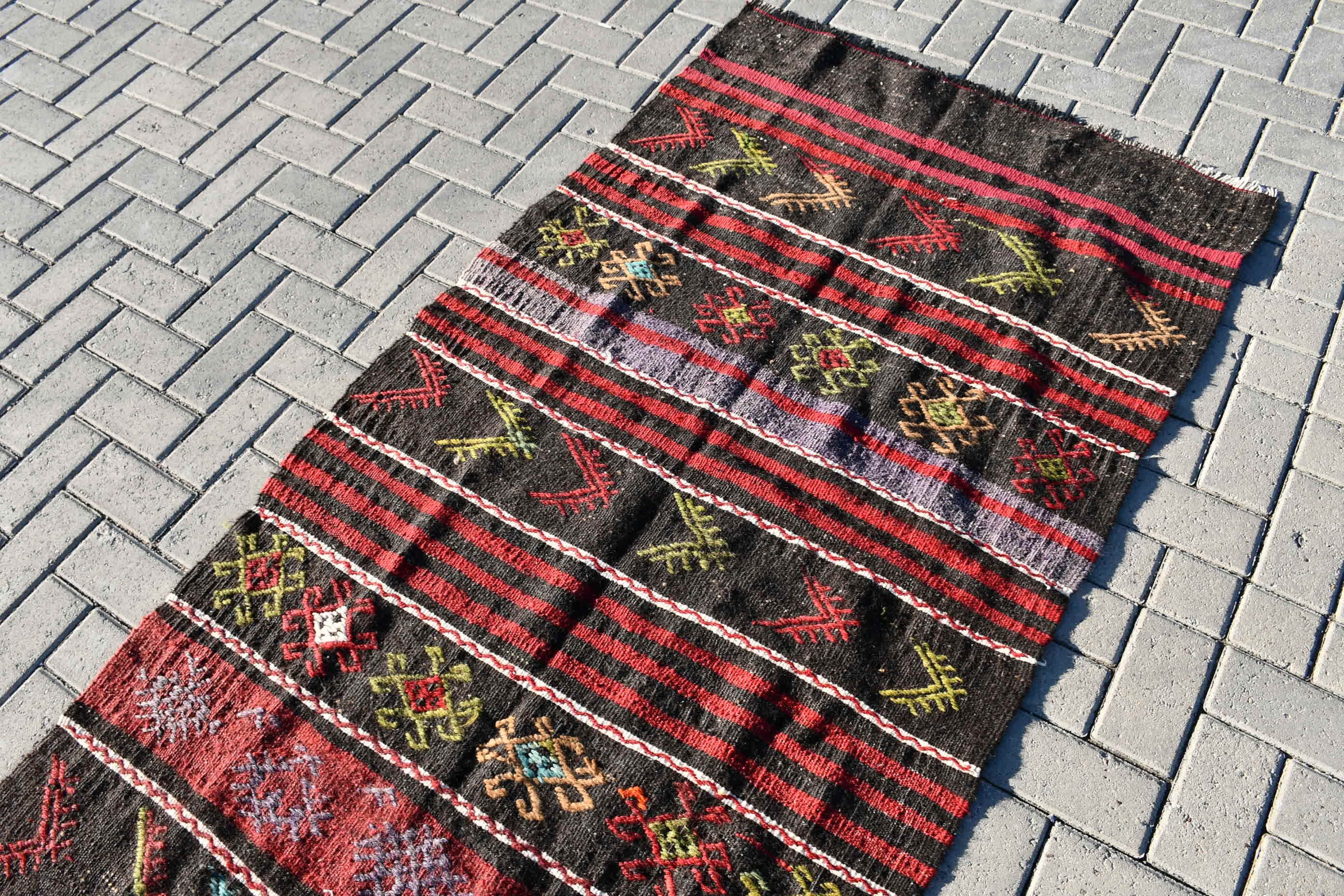 3.3x10.8 ft Runner Rugs, Vintage Rug, Corridor Rug, Floor Rug, Rugs for Runner, Black Wool Rugs, Oushak Rug, Turkish Rug, Stair Rug, Kilim